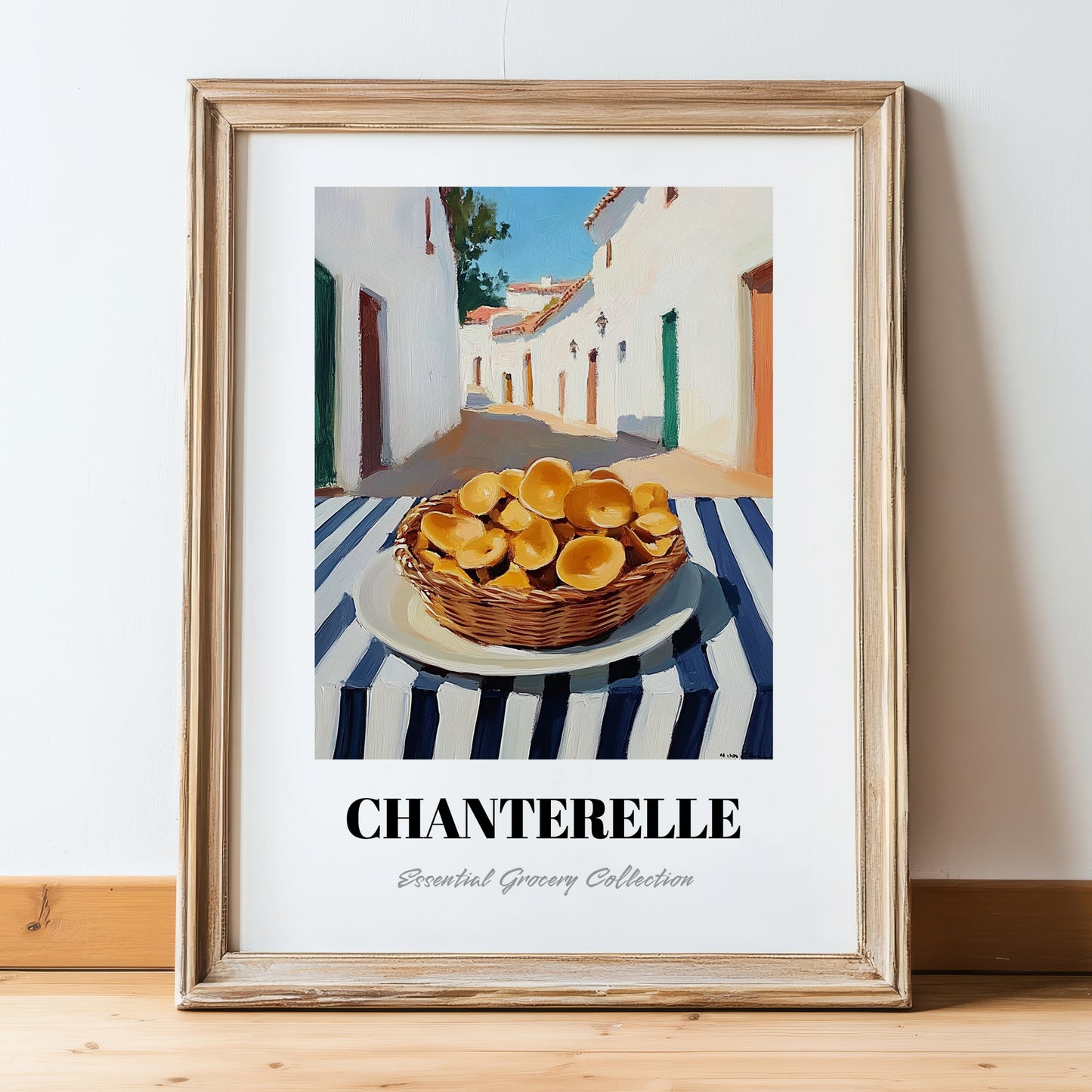 Chanterelle – White village Café on the Corner, Mushrooms Wall Painting, in wooden frame leaning on the floor