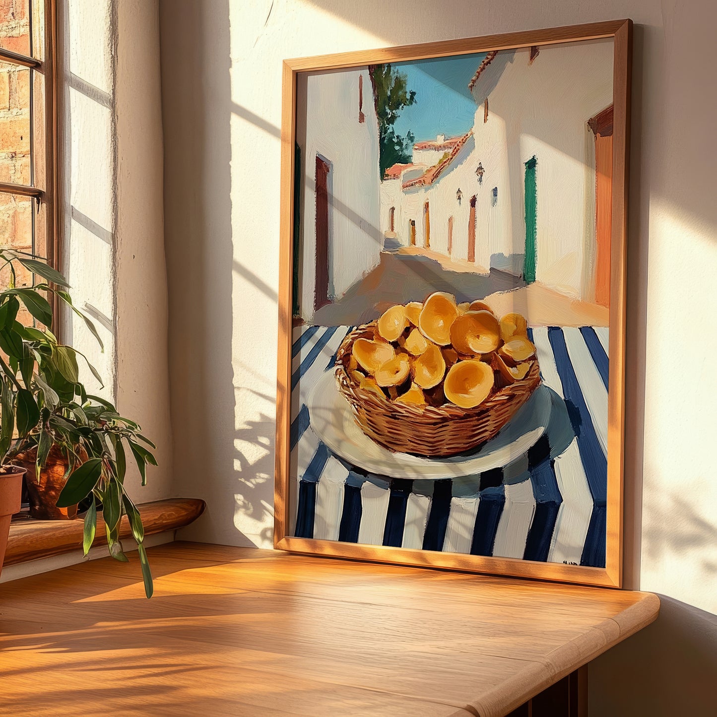 Chanterelle – White village Café on the Corner, Mushrooms Wall Painting, clean layout with no caption