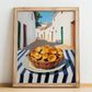 Chanterelle – White village Café on the Corner, Mushrooms Wall Painting, no-text version framed in wood