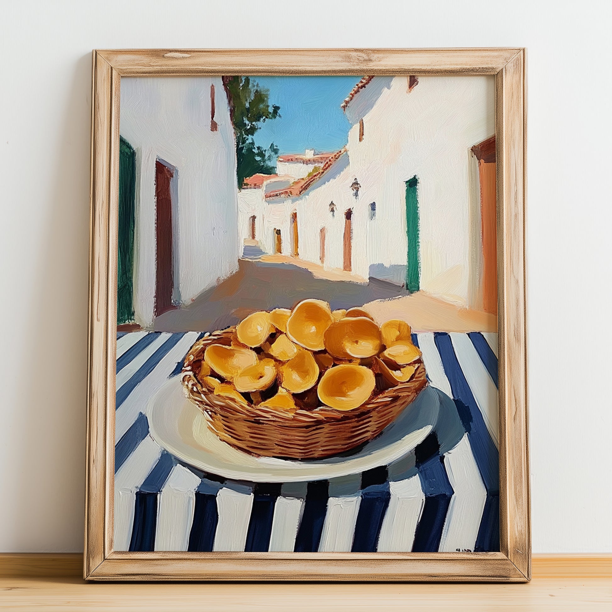 Chanterelle – White village Café on the Corner, Mushrooms Wall Painting, no-text version framed in wood