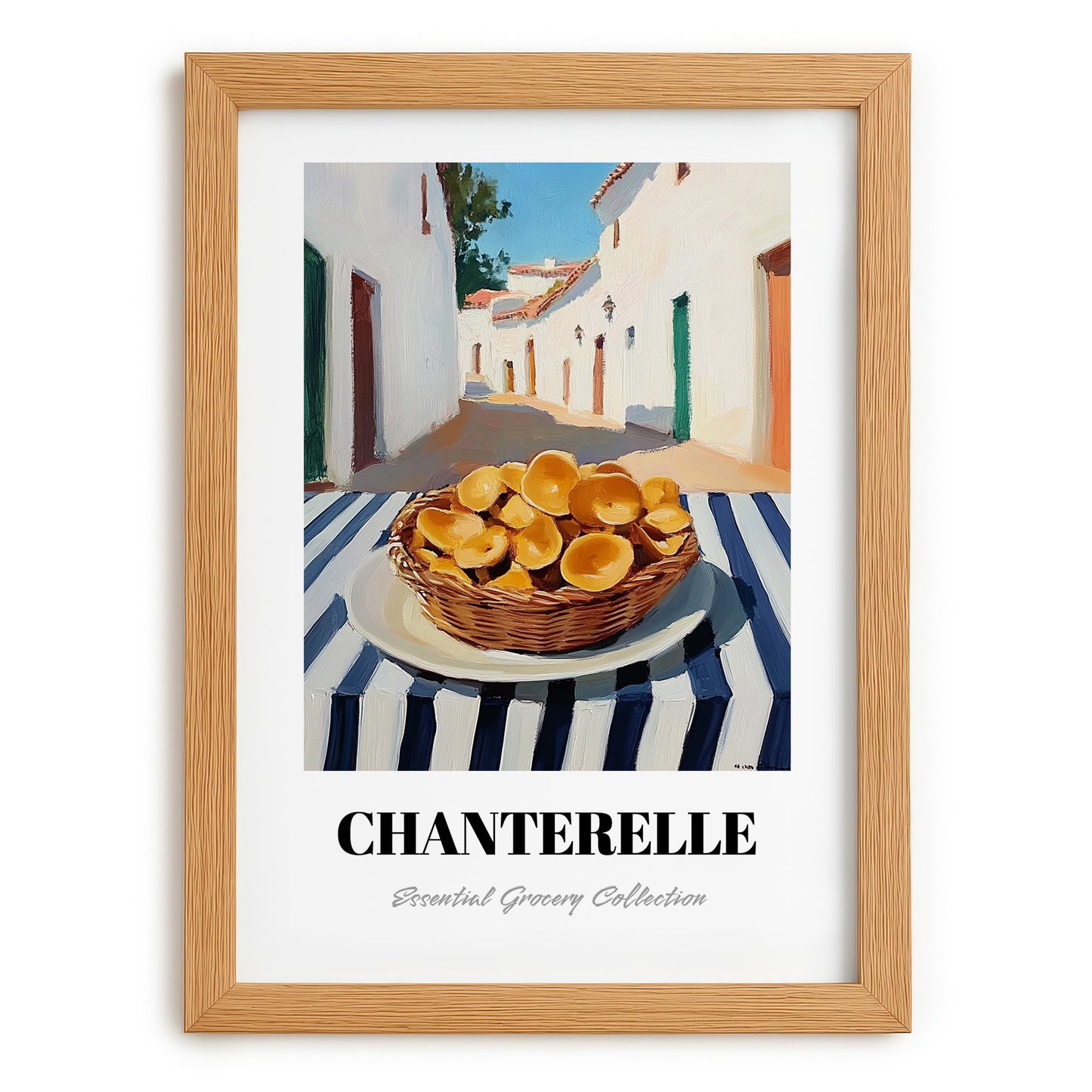 Chanterelle – White village Café on the Corner, Mushrooms Wall Painting, set in oak frame