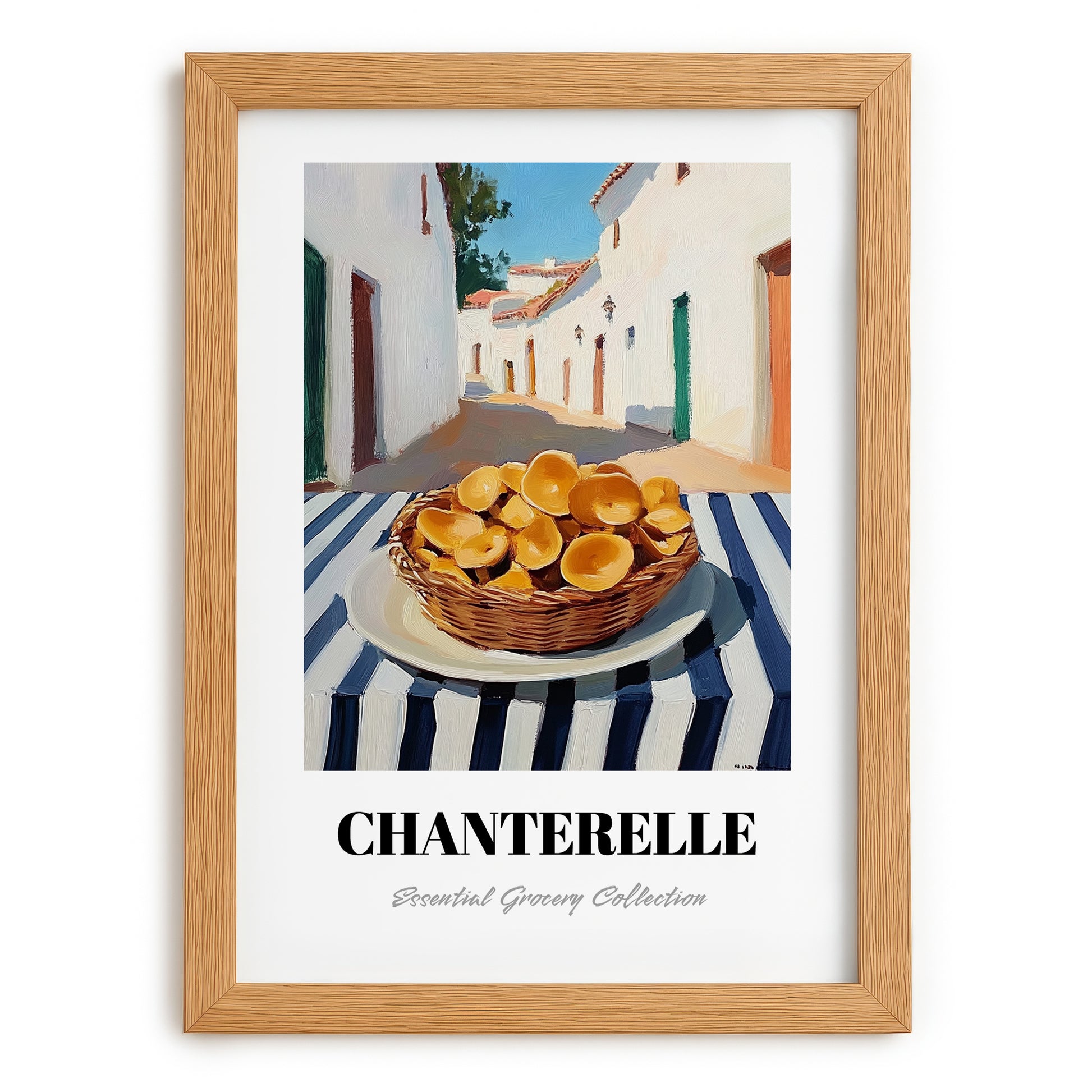 Chanterelle – White village Café on the Corner, Mushrooms Wall Painting, set in oak frame