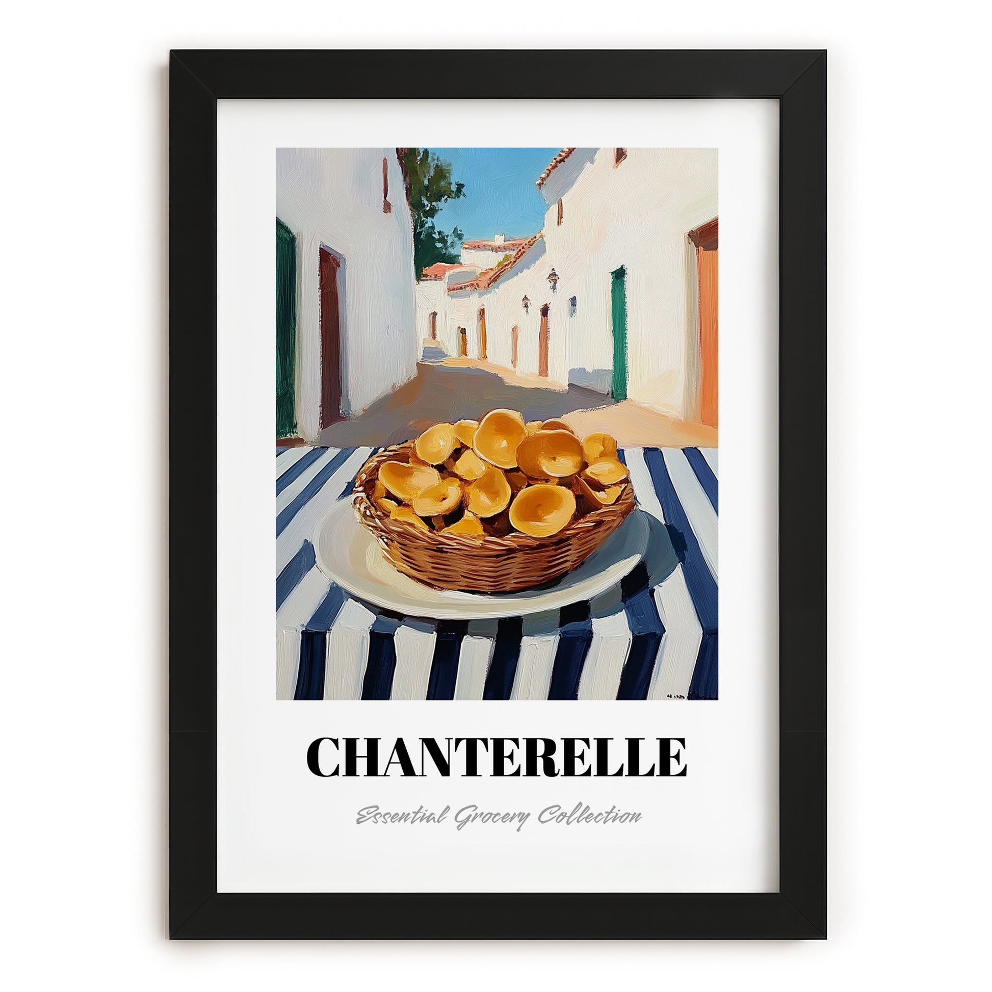 Chanterelle – White village Café on the Corner, Mushrooms Wall Painting, in sleek black frame