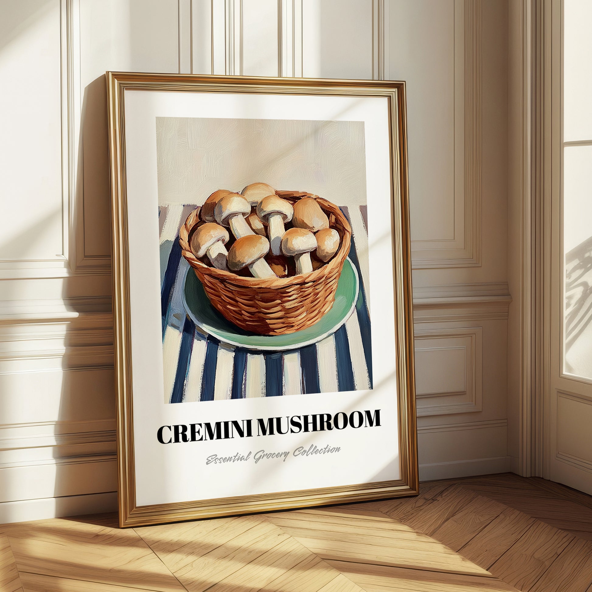 Cremini Mushroom – on Striped Tablecloth, Mushrooms Painting