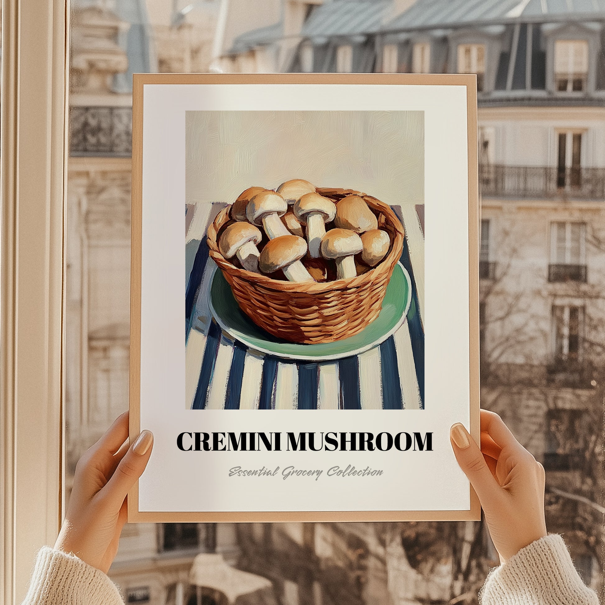 Cremini Mushroom – on Striped Tablecloth, Mushrooms Painting, styled in a charming Paris street view