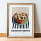 Cremini Mushroom – on Striped Tablecloth, Mushrooms Painting, in wooden frame leaning on the floor