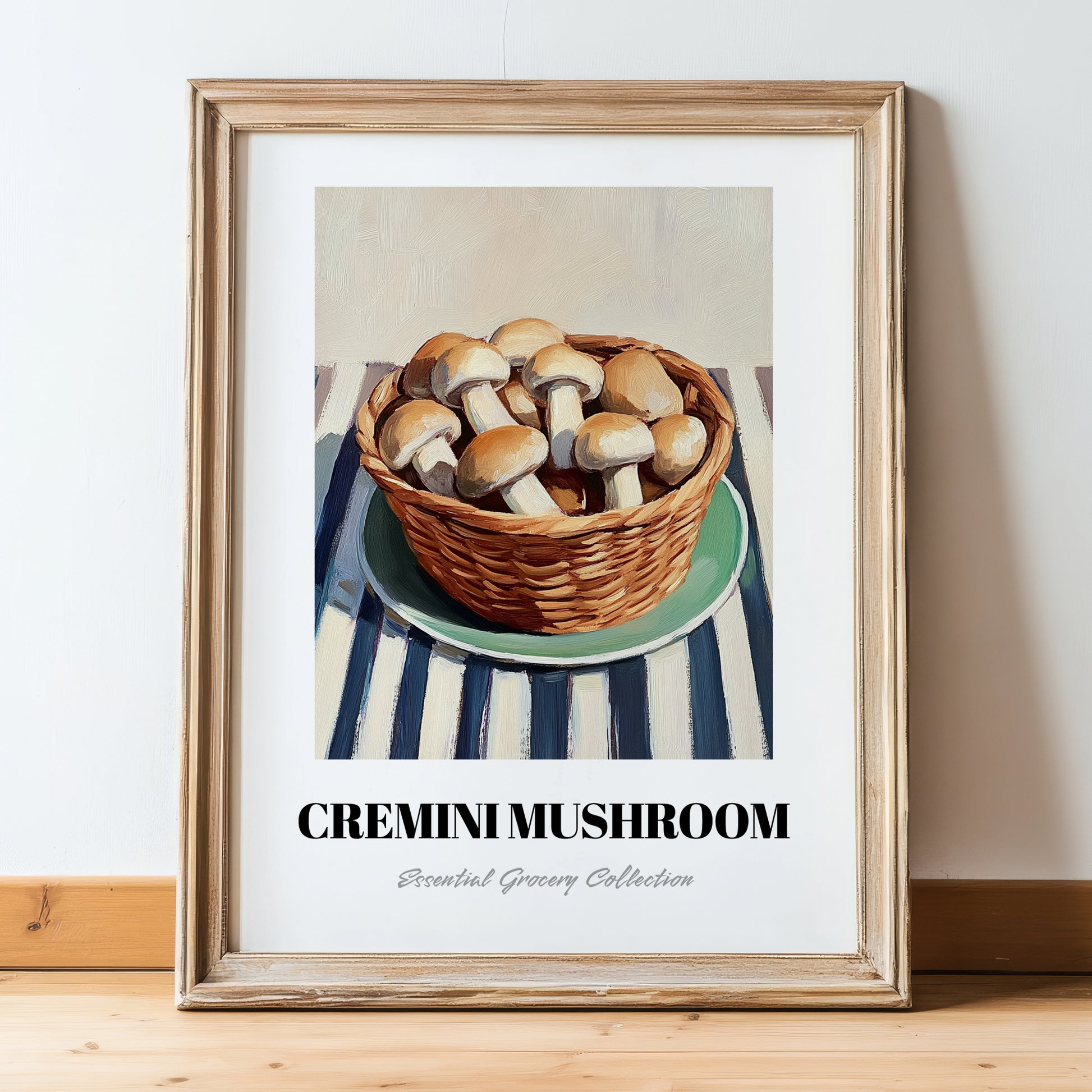 Cremini Mushroom – on Striped Tablecloth, Mushrooms Painting, in wooden frame leaning on the floor