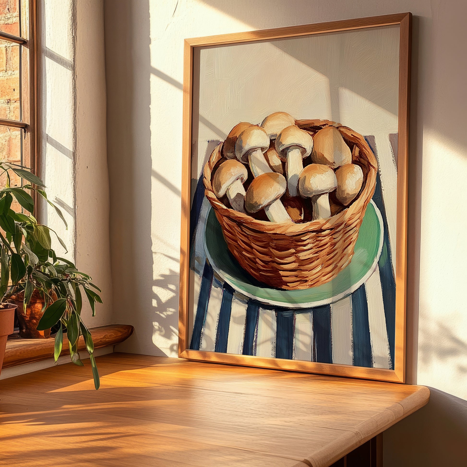 Cremini Mushroom – on Striped Tablecloth, Mushrooms Painting, clean layout with no caption