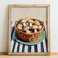 Cremini Mushroom – on Striped Tablecloth, Mushrooms Painting, no-text version framed in wood