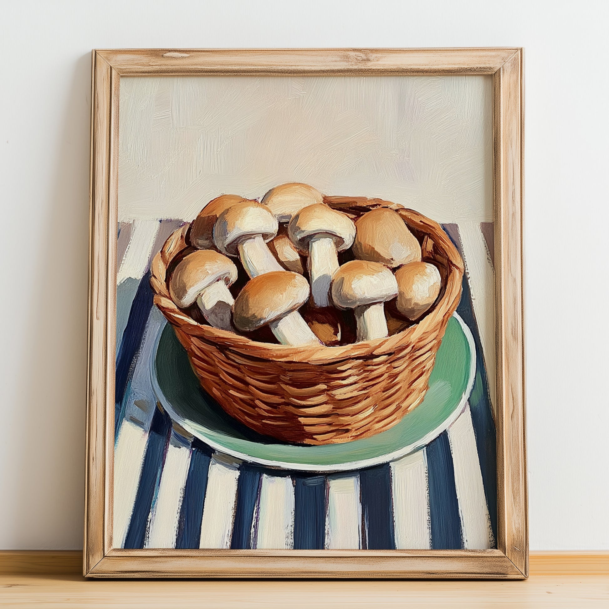 Cremini Mushroom – on Striped Tablecloth, Mushrooms Painting, no-text version framed in wood
