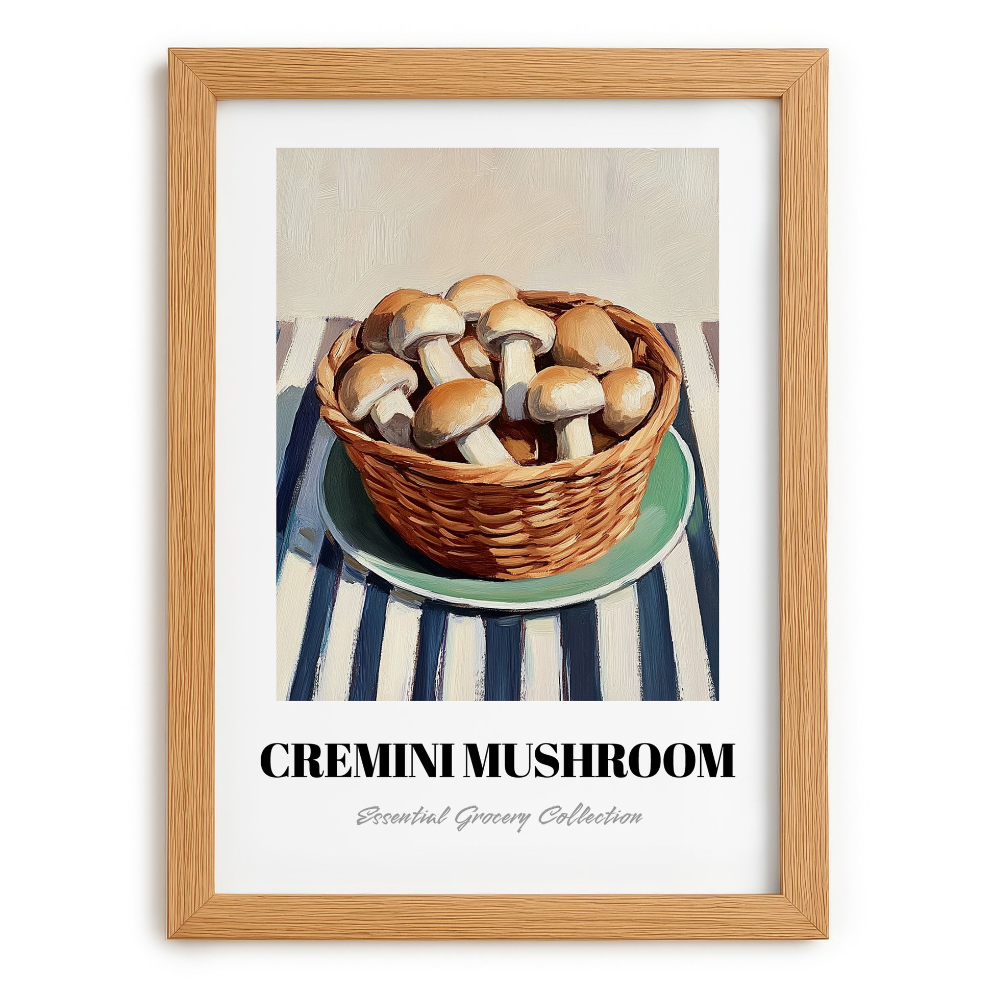 Cremini Mushroom – on Striped Tablecloth, Mushrooms Painting, set in oak frame