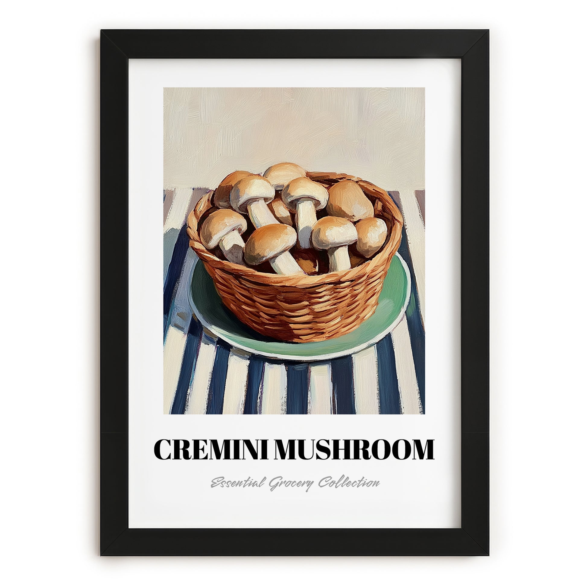 Cremini Mushroom – on Striped Tablecloth, Mushrooms Painting, in sleek black frame