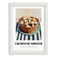 Cremini Mushroom – on Striped Tablecloth, Mushrooms Painting, placed in minimal white frame