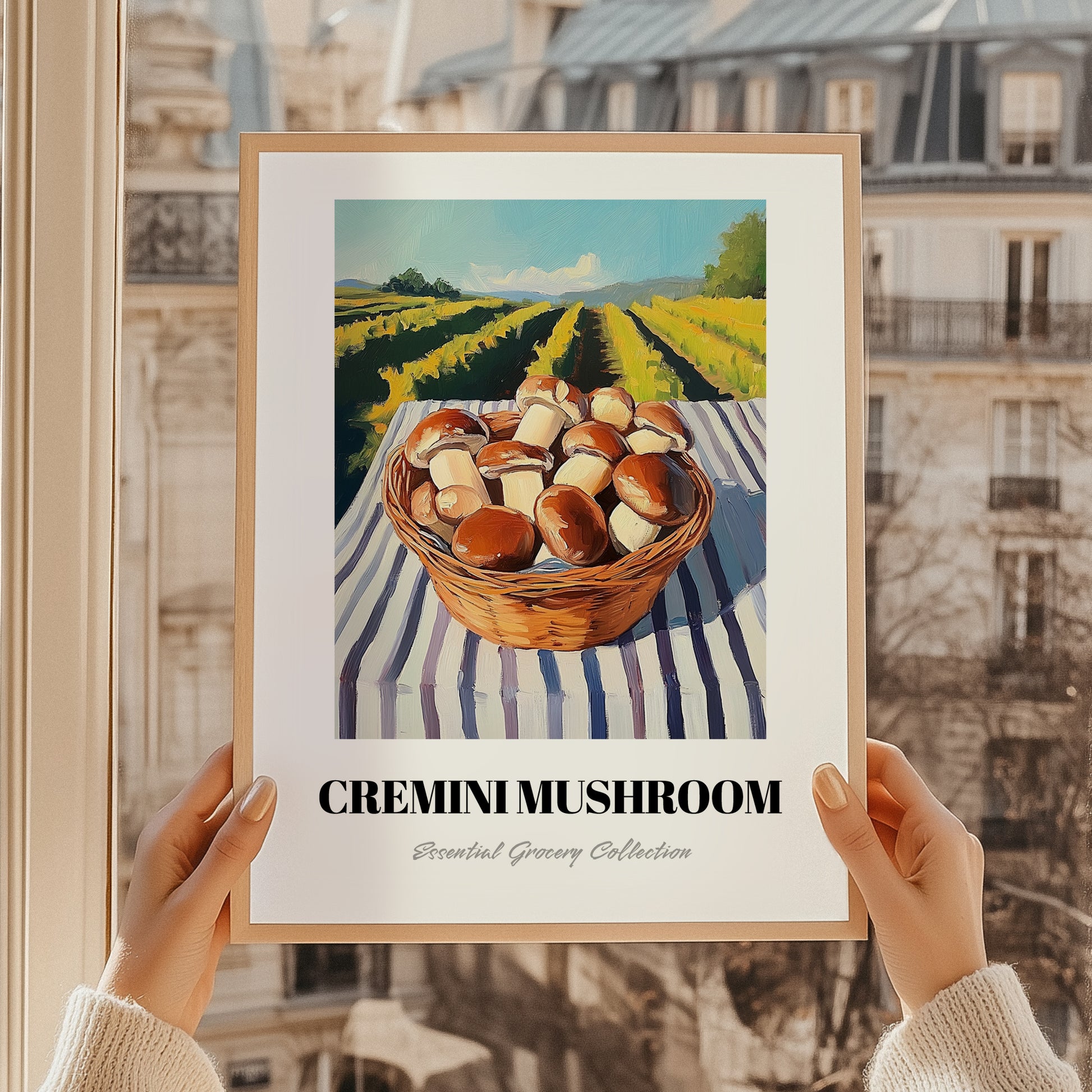 Cremini Mushroom – Green Valley Landscape, Mushrooms Art, styled in a charming Paris street view