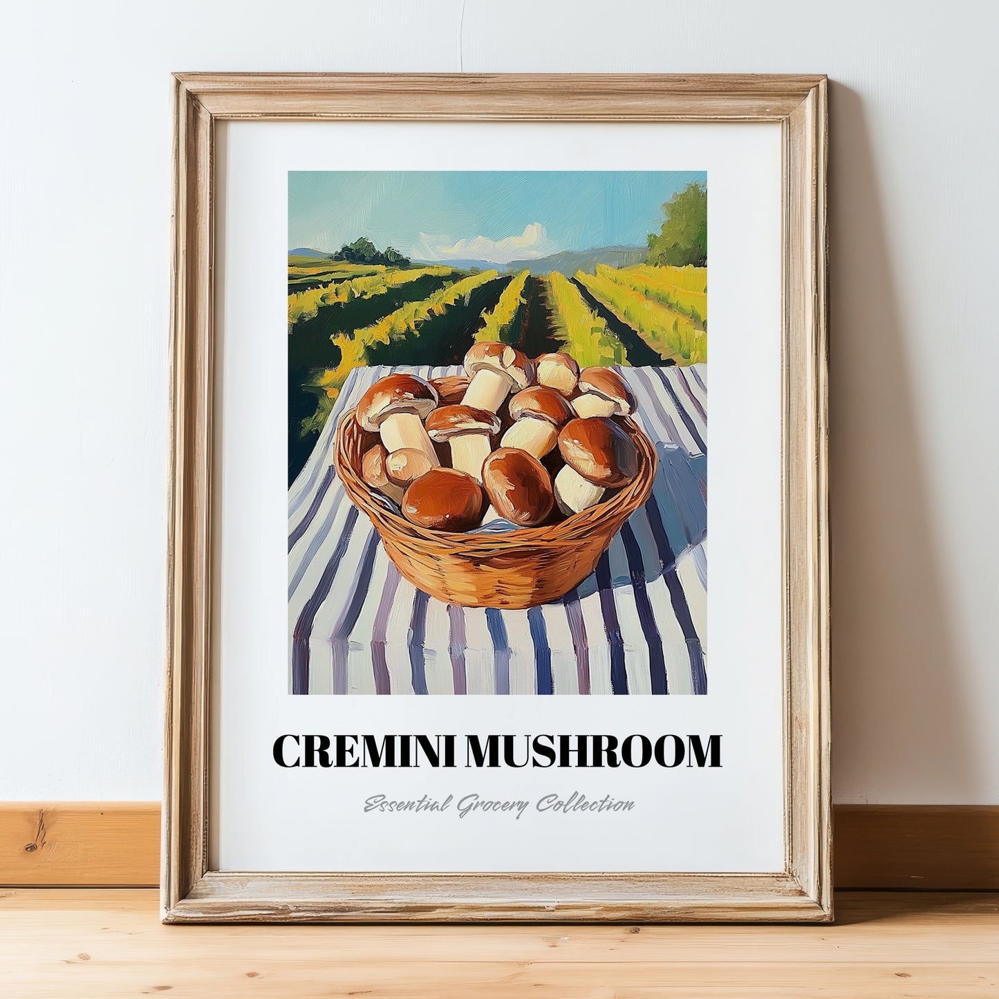 Cremini Mushroom – Green Valley Landscape, Mushrooms Art, in wooden frame leaning on the floor