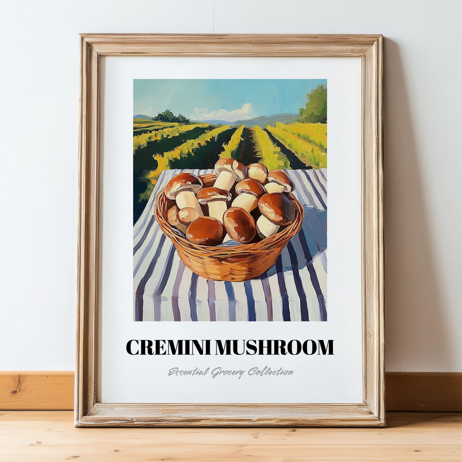 Cremini Mushroom – Green Valley Landscape, Mushrooms Art, in wooden frame leaning on the floor