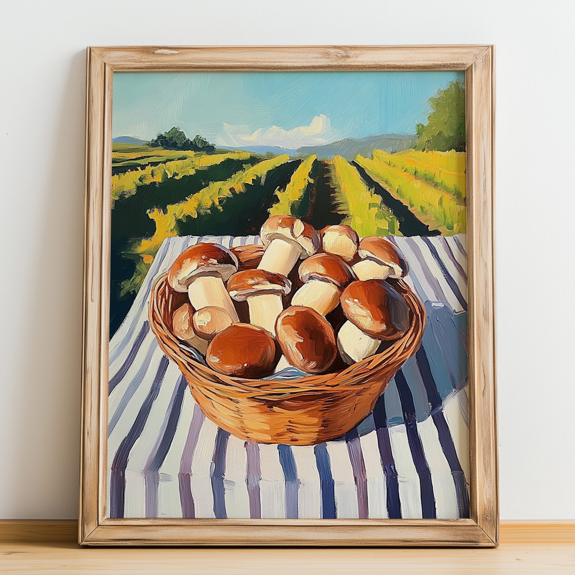 Cremini Mushroom – Green Valley Landscape, Mushrooms Art, no-text version framed in wood
