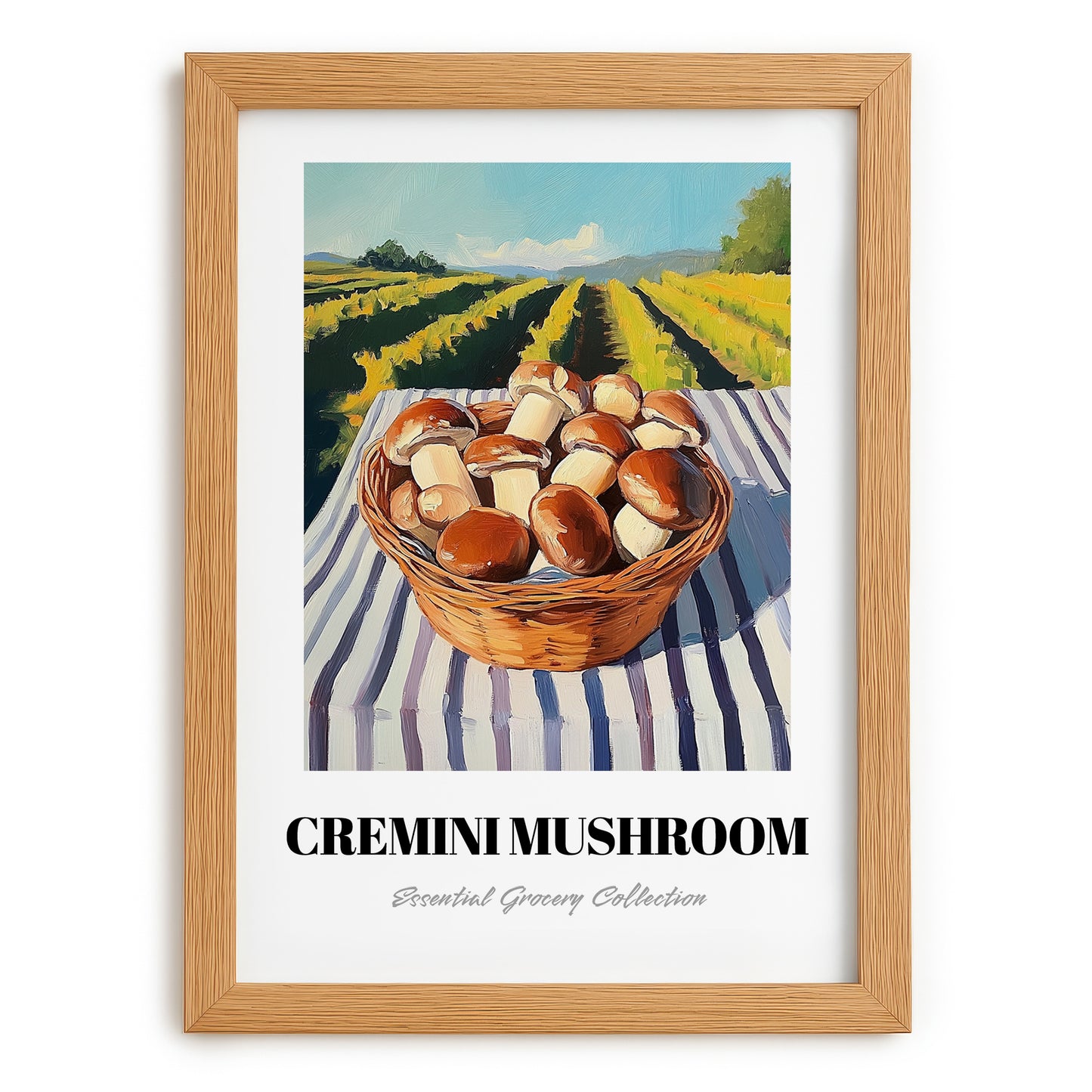 Cremini Mushroom – Green Valley Landscape, Mushrooms Art, set in oak frame