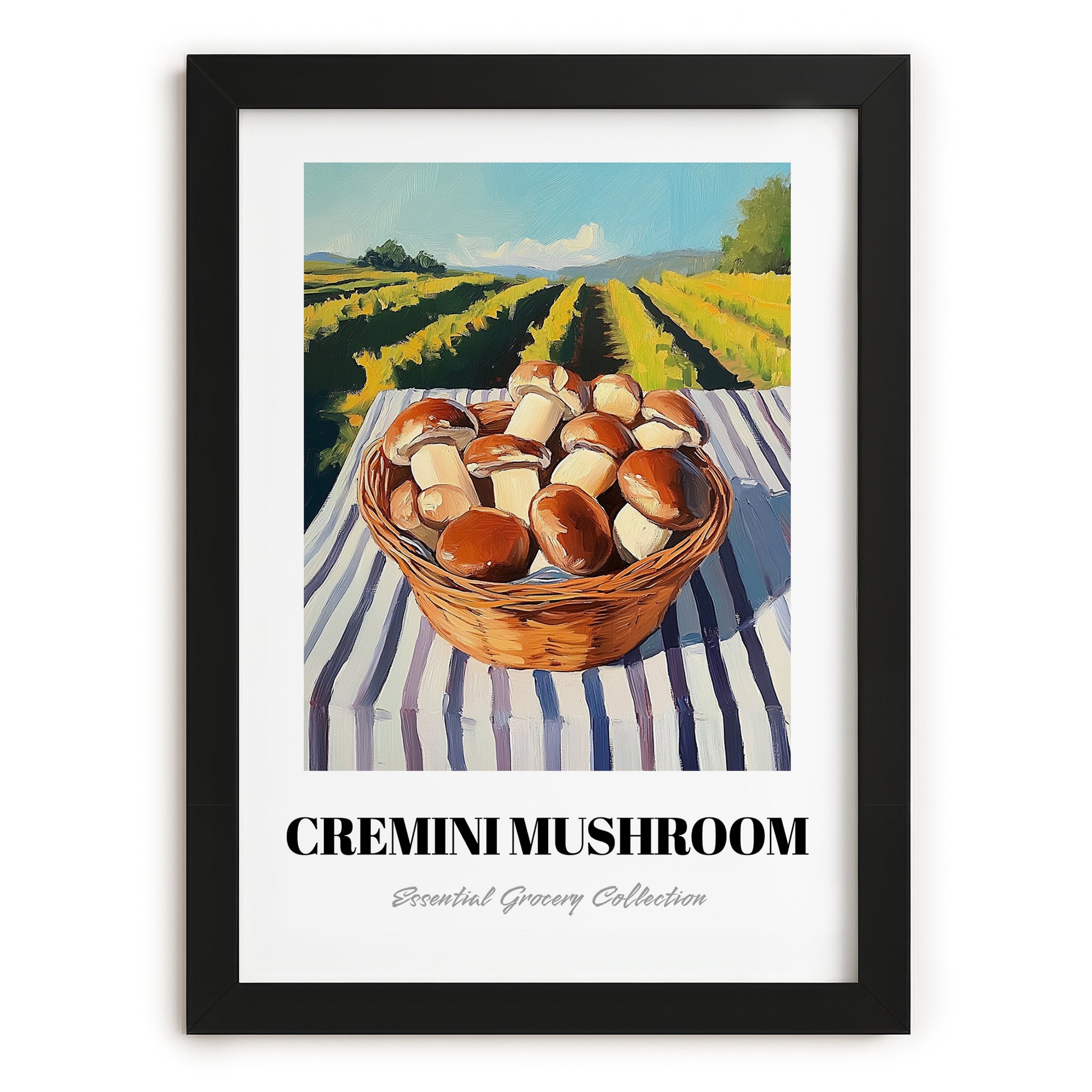 Cremini Mushroom – Green Valley Landscape, Mushrooms Art, in sleek black frame