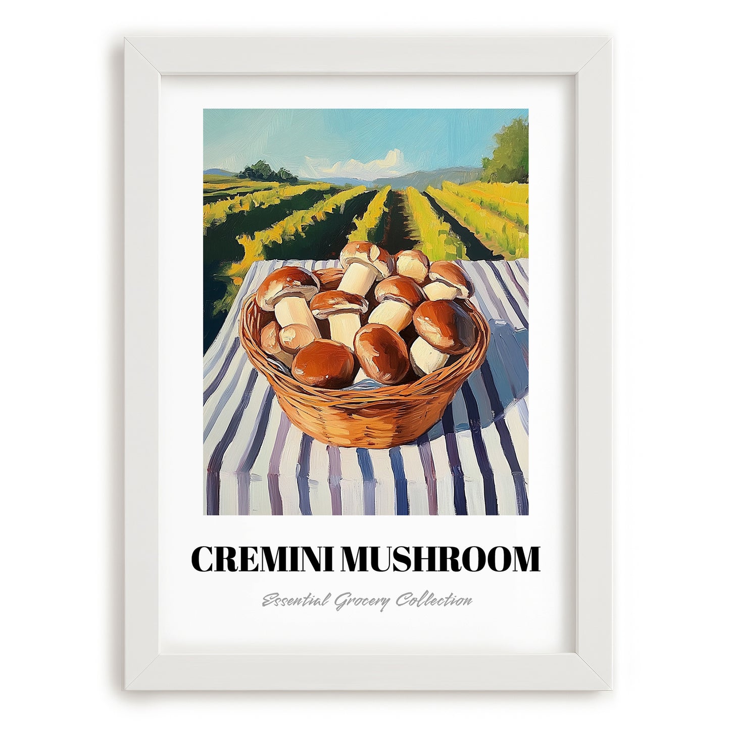 Cremini Mushroom – Green Valley Landscape, Mushrooms Art, placed in minimal white frame