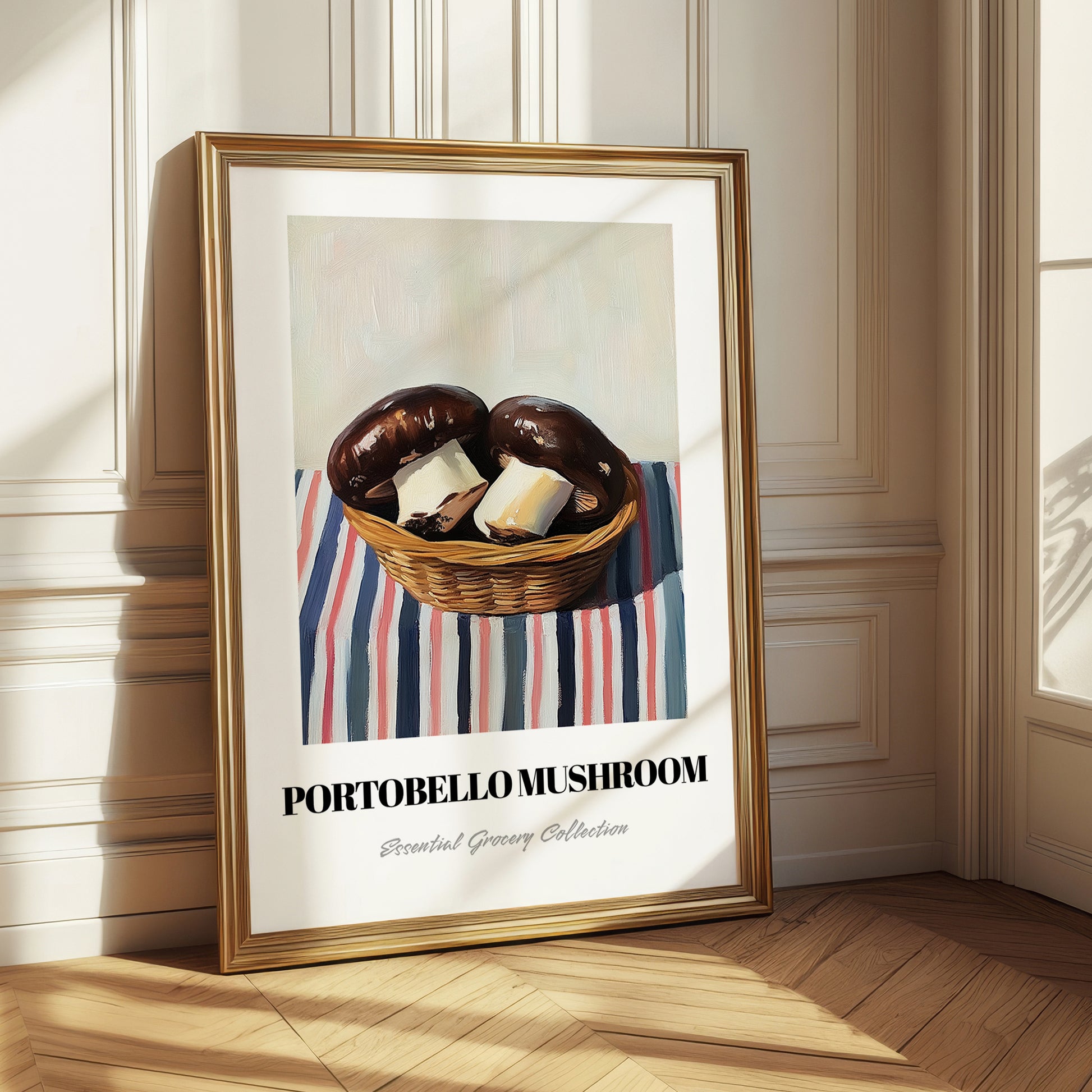 Portobello Mushroom – on Striped Tablecloth, Mushrooms Painting