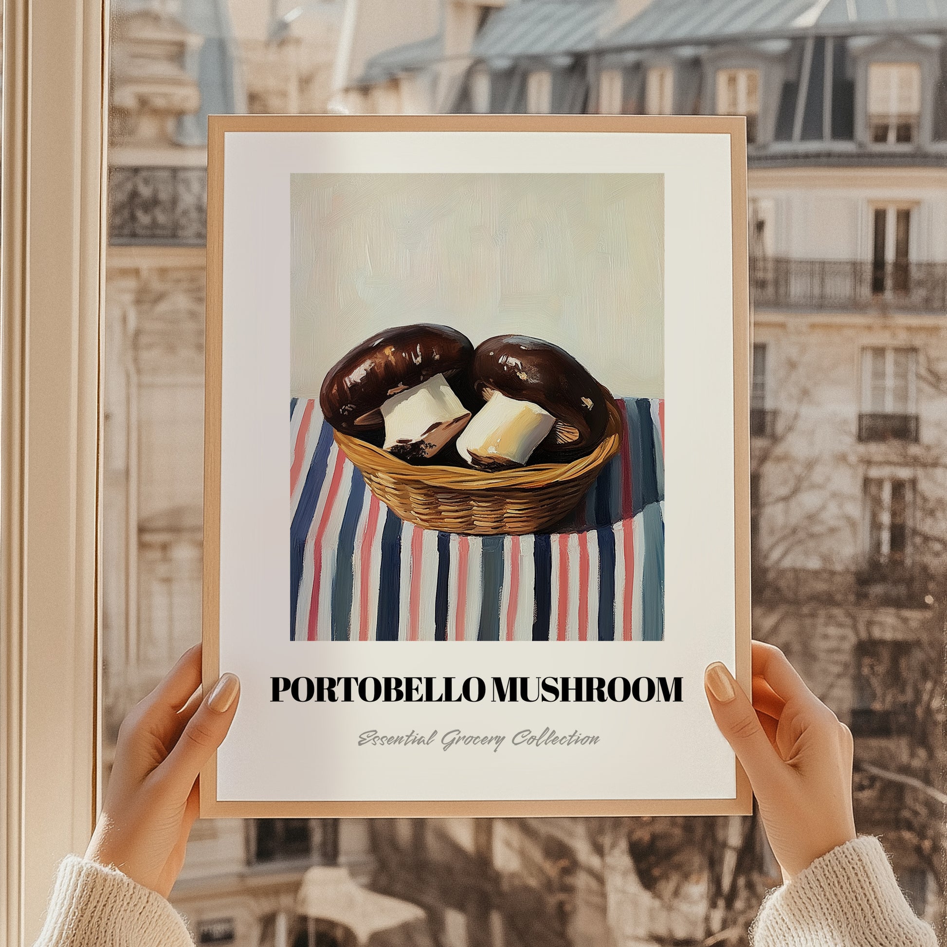 Portobello Mushroom – on Striped Tablecloth, Mushrooms Painting, styled in a charming Paris street view