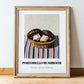 Portobello Mushroom – on Striped Tablecloth, Mushrooms Painting, in wooden frame leaning on the floor