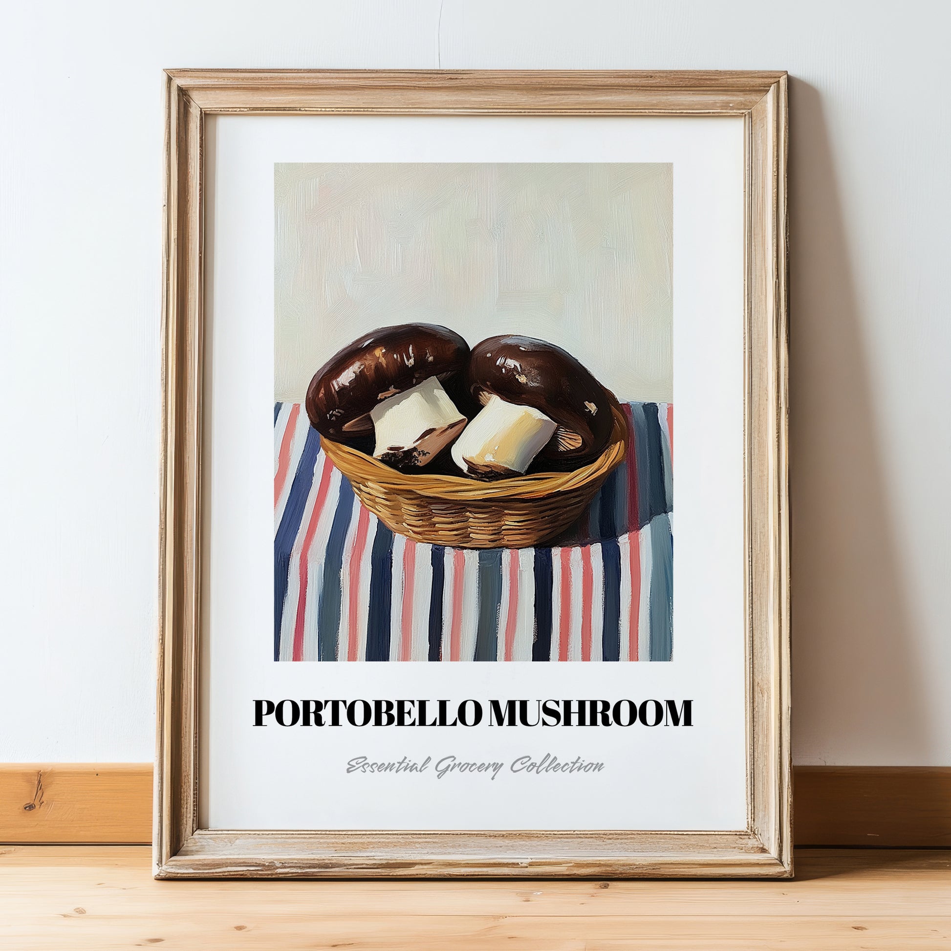 Portobello Mushroom – on Striped Tablecloth, Mushrooms Painting, in wooden frame leaning on the floor
