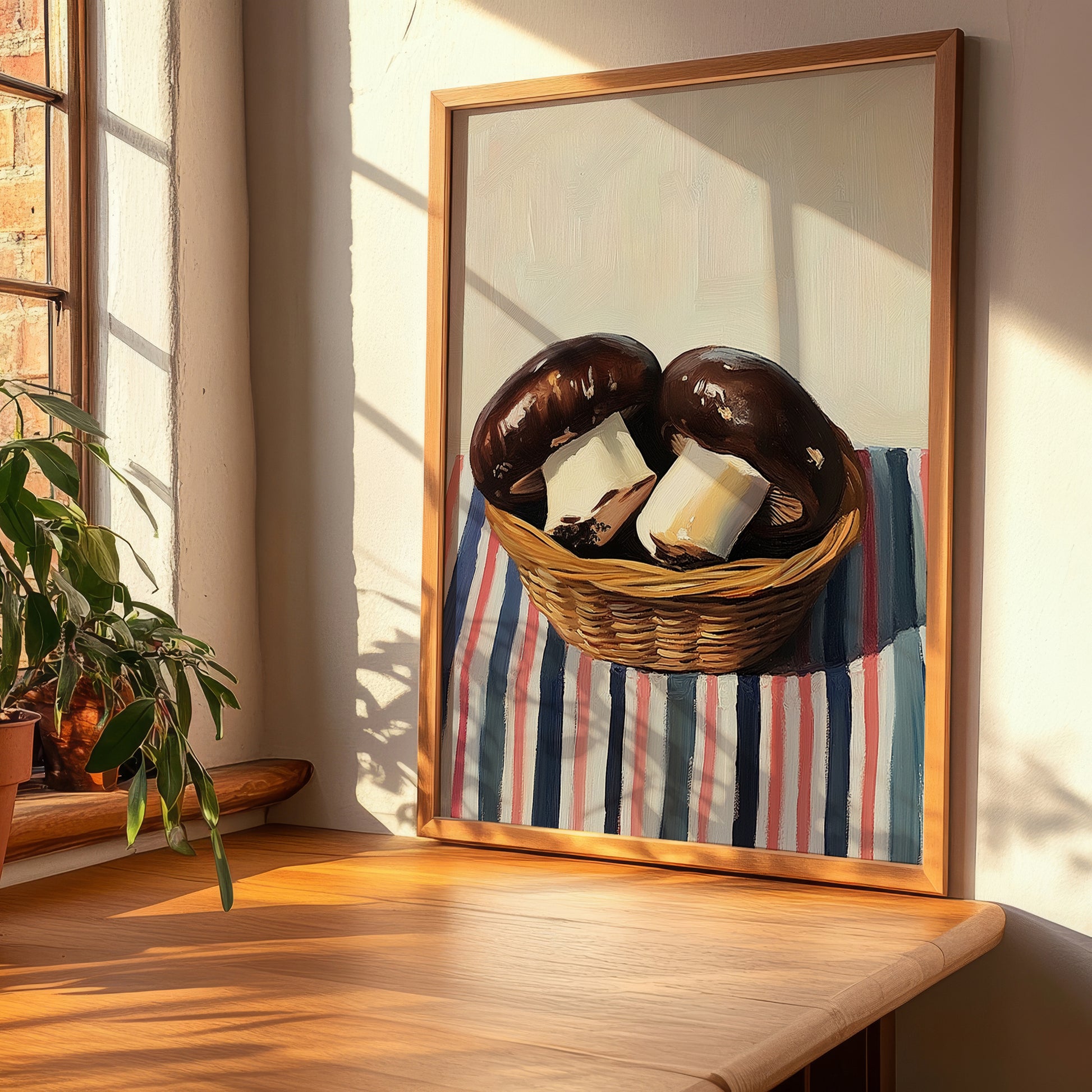 Portobello Mushroom – on Striped Tablecloth, Mushrooms Painting, clean layout with no caption