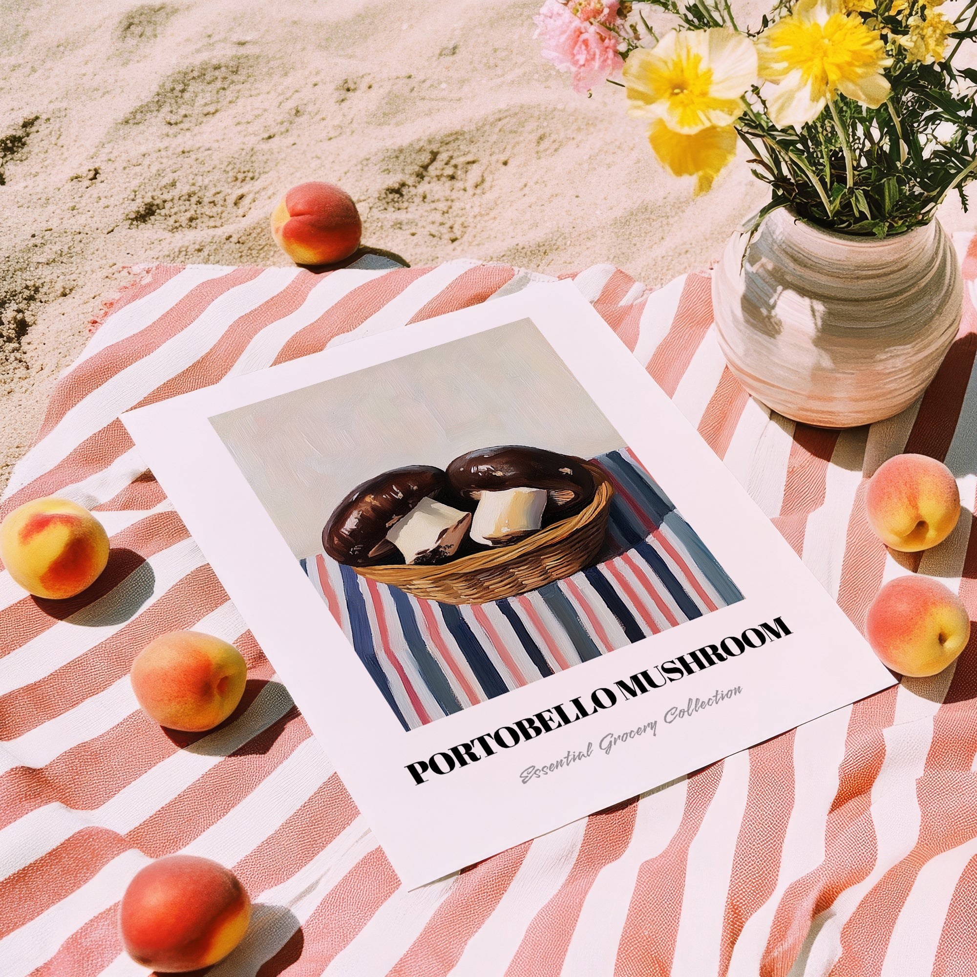 Portobello Mushroom – on Striped Tablecloth, Mushrooms Painting, unframed on coastal sand