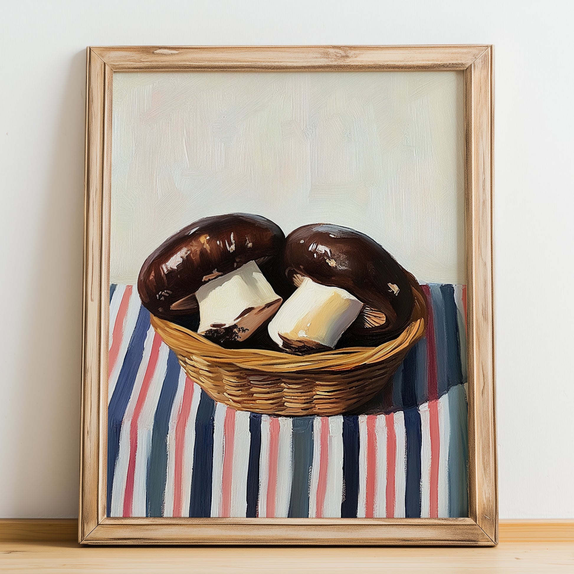 Portobello Mushroom – on Striped Tablecloth, Mushrooms Painting, no-text version framed in wood
