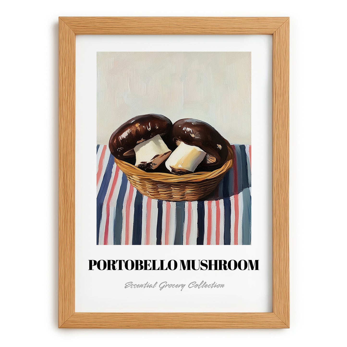 Portobello Mushroom – on Striped Tablecloth, Mushrooms Painting, set in oak frame