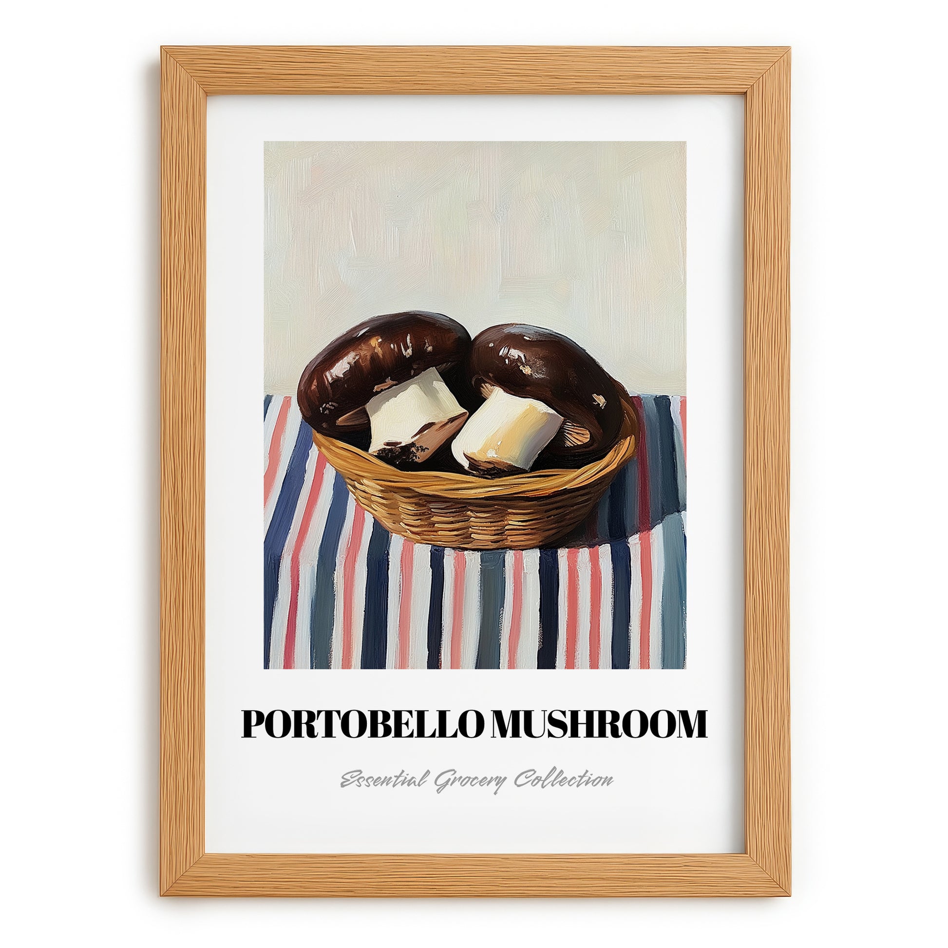 Portobello Mushroom – on Striped Tablecloth, Mushrooms Painting, set in oak frame