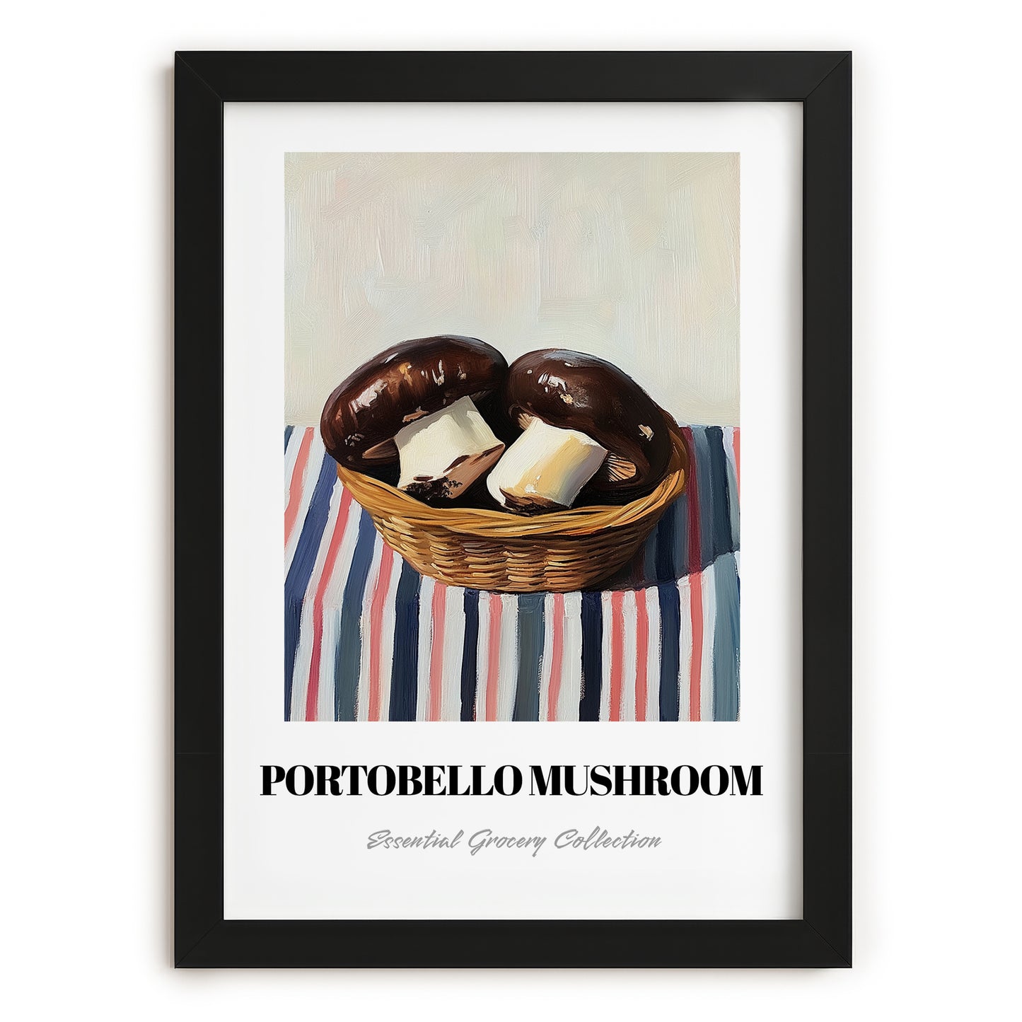 Portobello Mushroom – on Striped Tablecloth, Mushrooms Painting, in sleek black frame