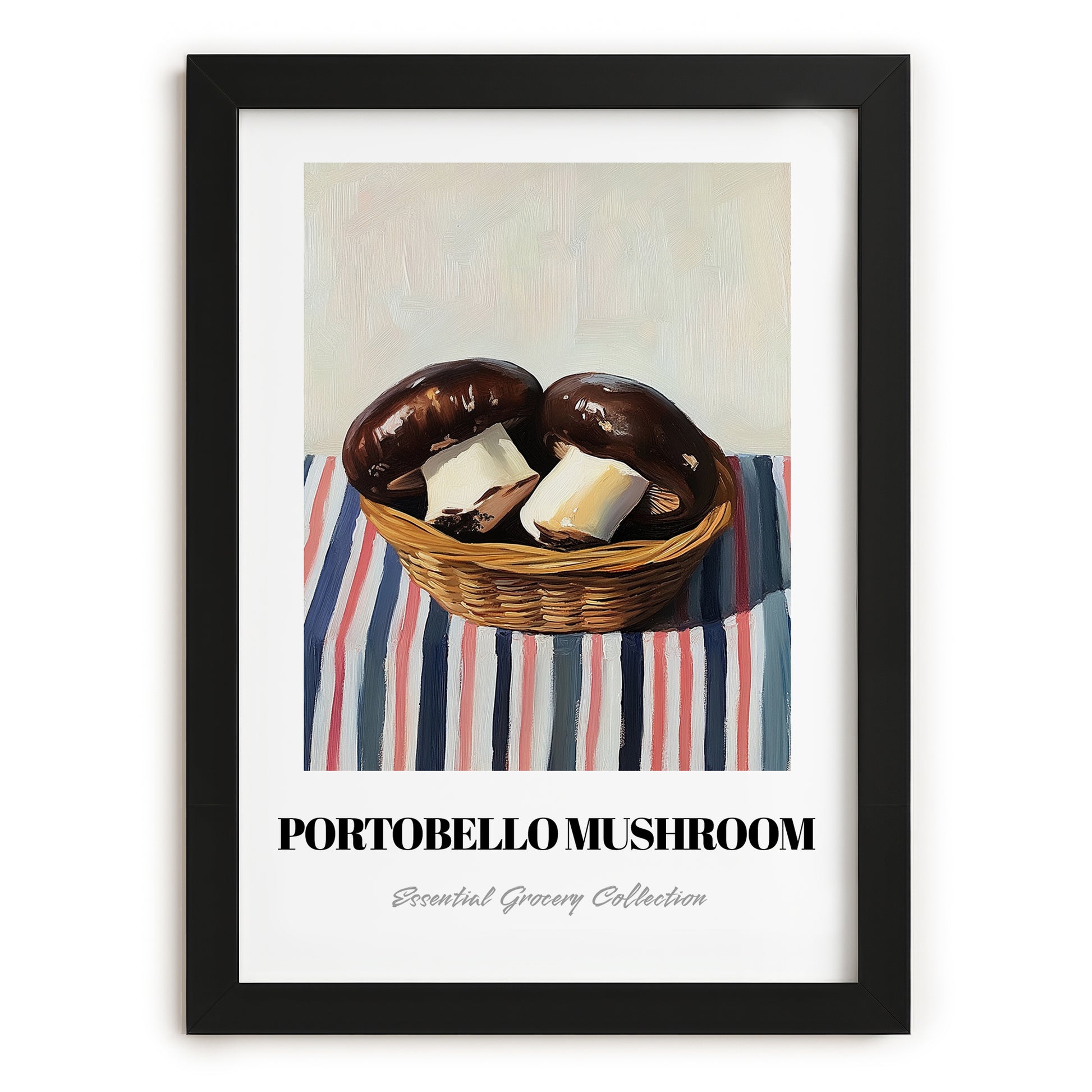 Portobello Mushroom – on Striped Tablecloth, Mushrooms Painting, in sleek black frame