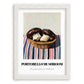 Portobello Mushroom – on Striped Tablecloth, Mushrooms Painting, placed in minimal white frame