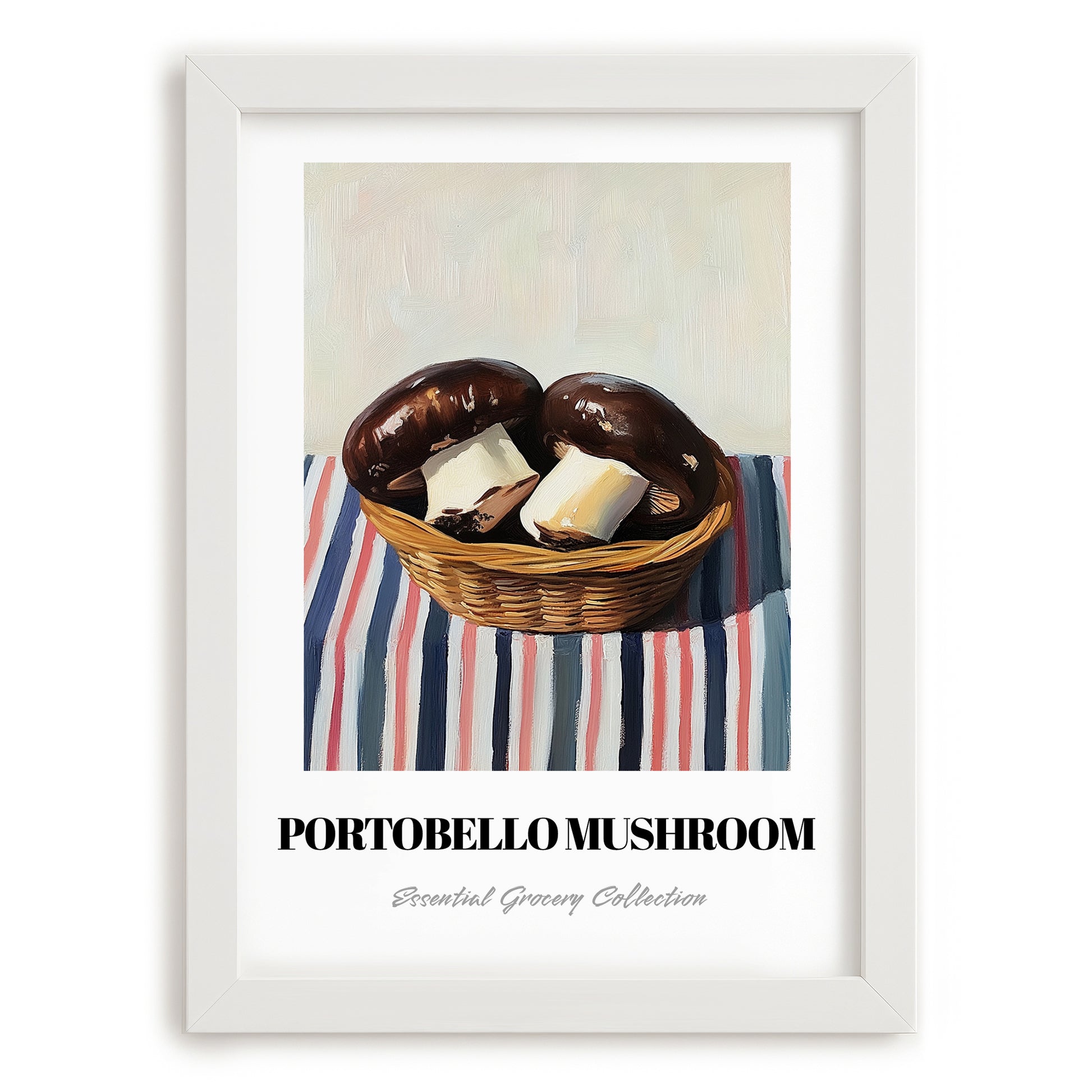 Portobello Mushroom – on Striped Tablecloth, Mushrooms Painting, placed in minimal white frame