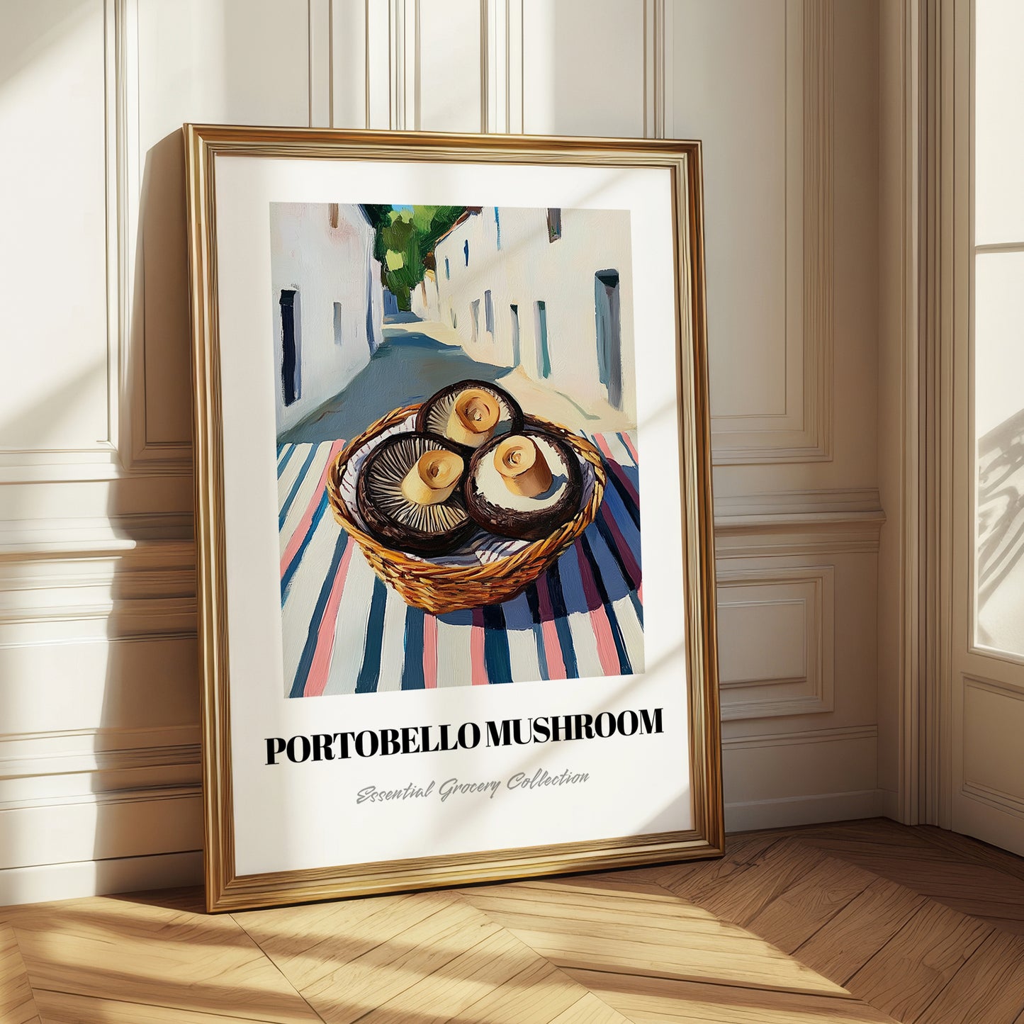 Portobello Mushroom – White village Street Café Scene, Mushrooms Illustration