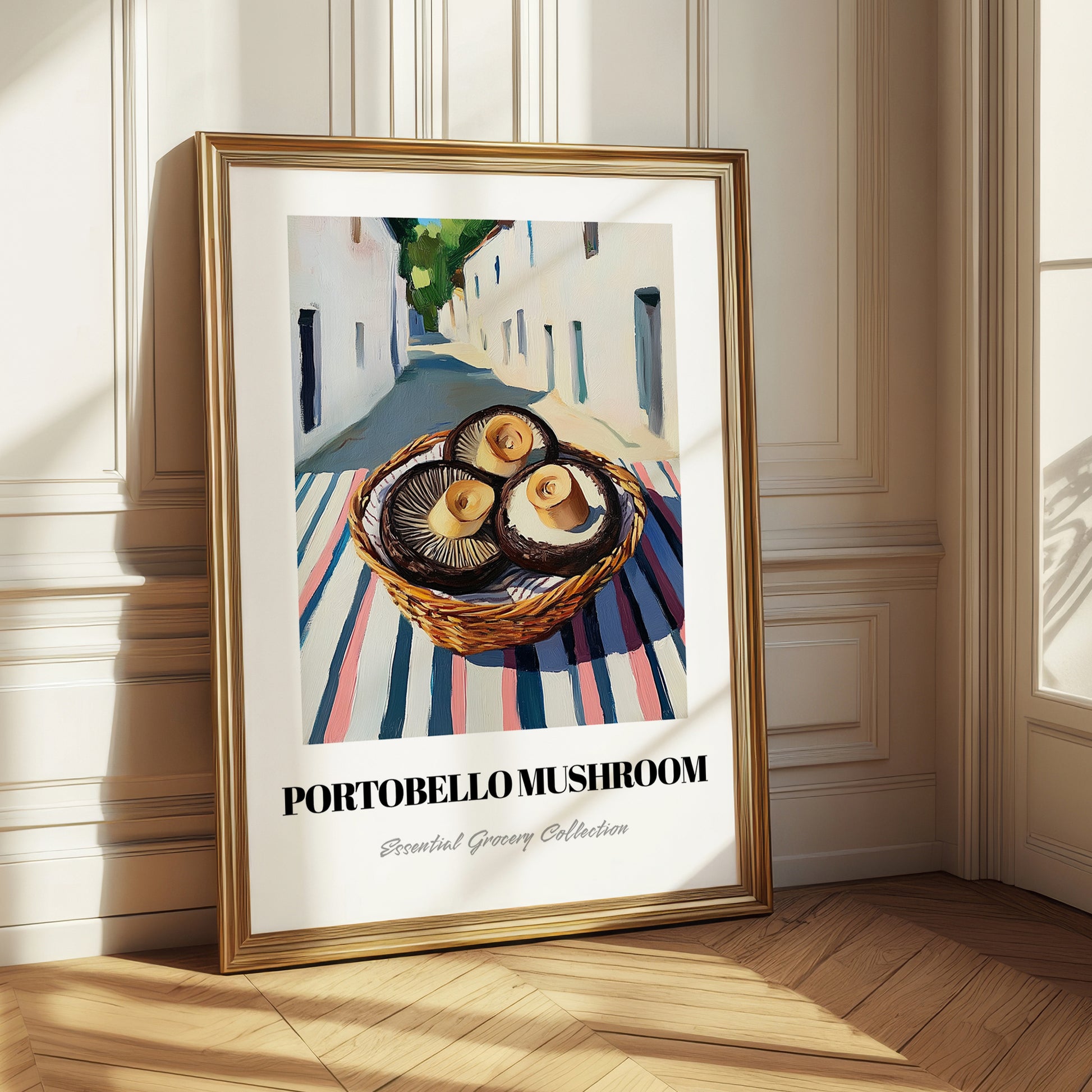 Portobello Mushroom – White village Street Café Scene, Mushrooms Illustration