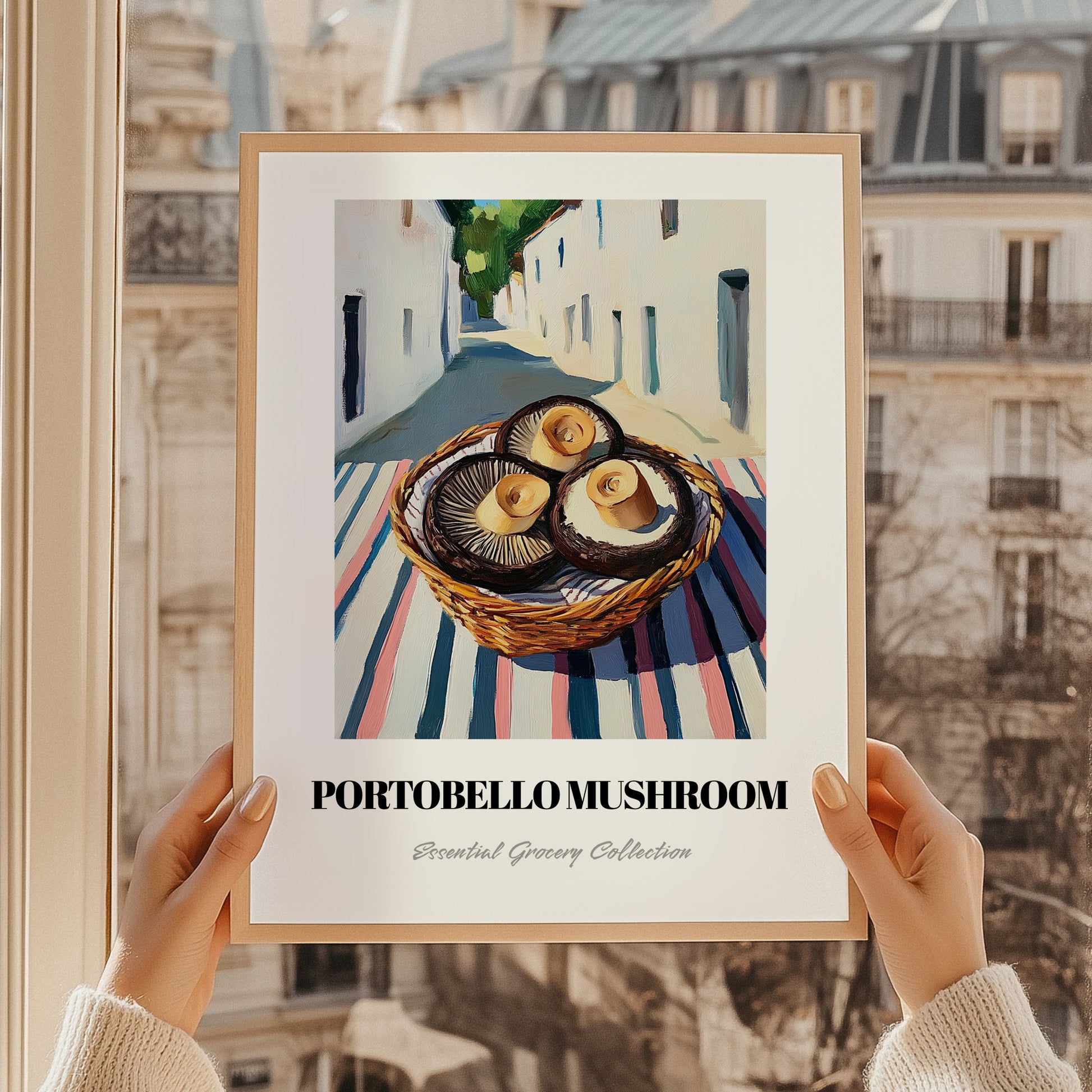 Portobello Mushroom – White village Street Café Scene, Mushrooms Illustration, styled in a charming Paris street view
