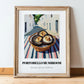 Portobello Mushroom – White village Street Café Scene, Mushrooms Illustration, in wooden frame leaning on the floor