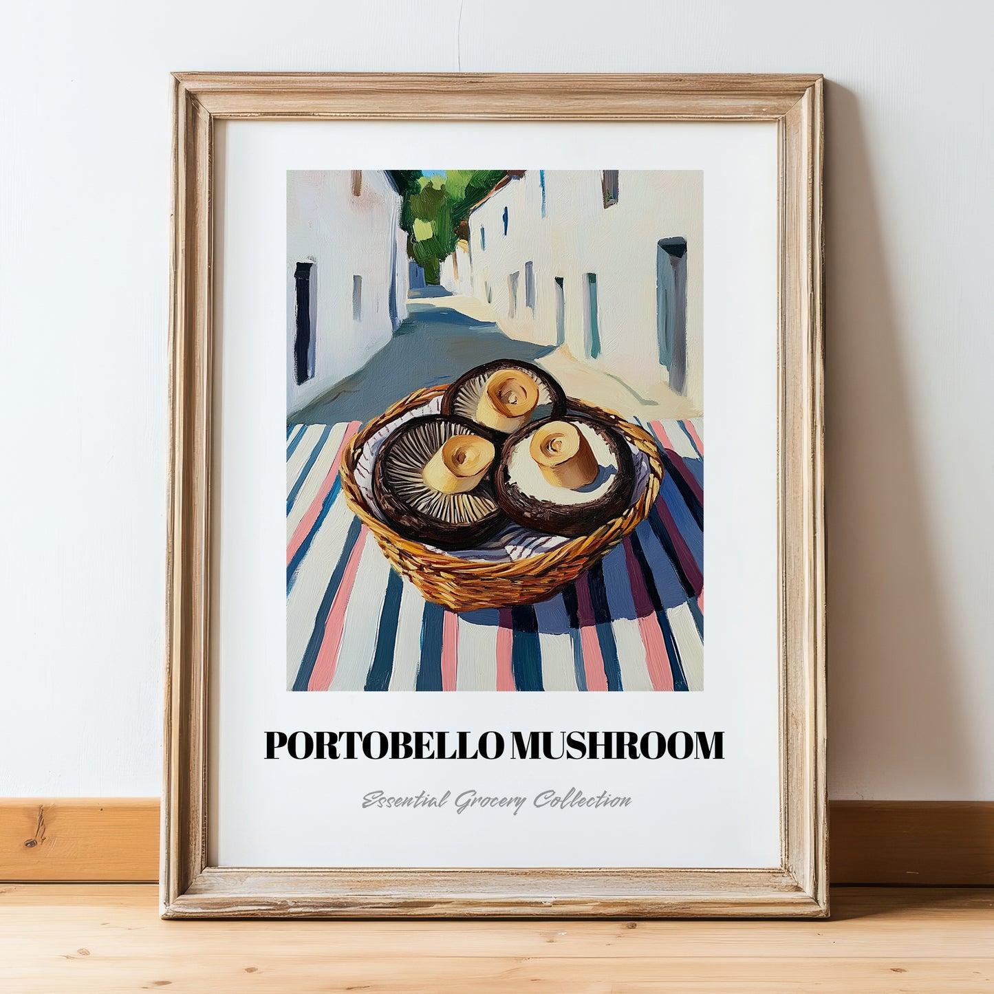Portobello Mushroom – White village Street Café Scene, Mushrooms Illustration, in wooden frame leaning on the floor