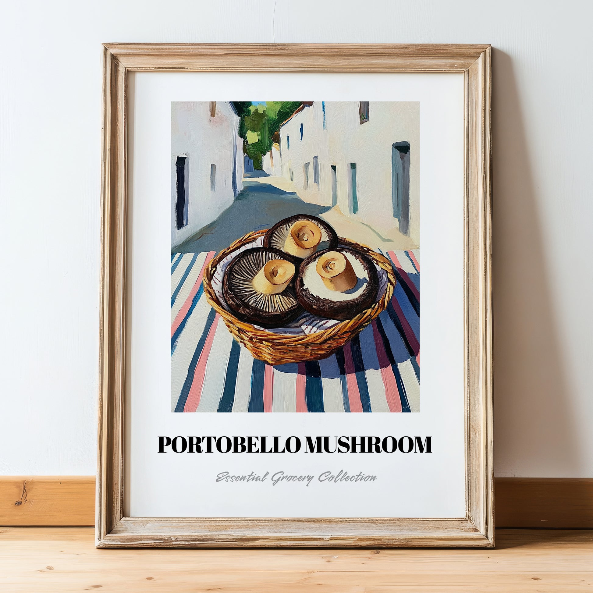 Portobello Mushroom – White village Street Café Scene, Mushrooms Illustration, in wooden frame leaning on the floor