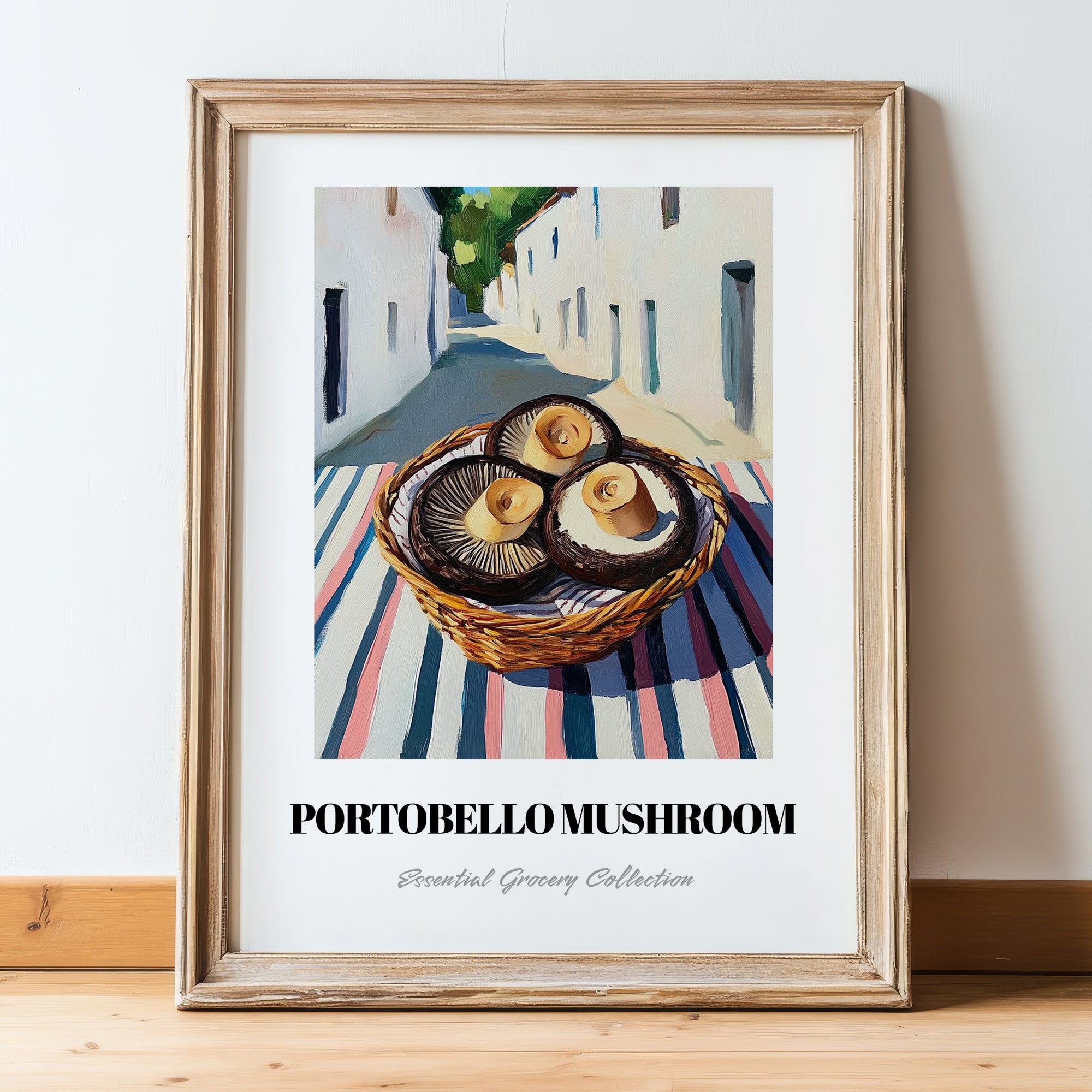 Portobello Mushroom – White village Street Café Scene, Mushrooms Illustration, in wooden frame leaning on the floor
