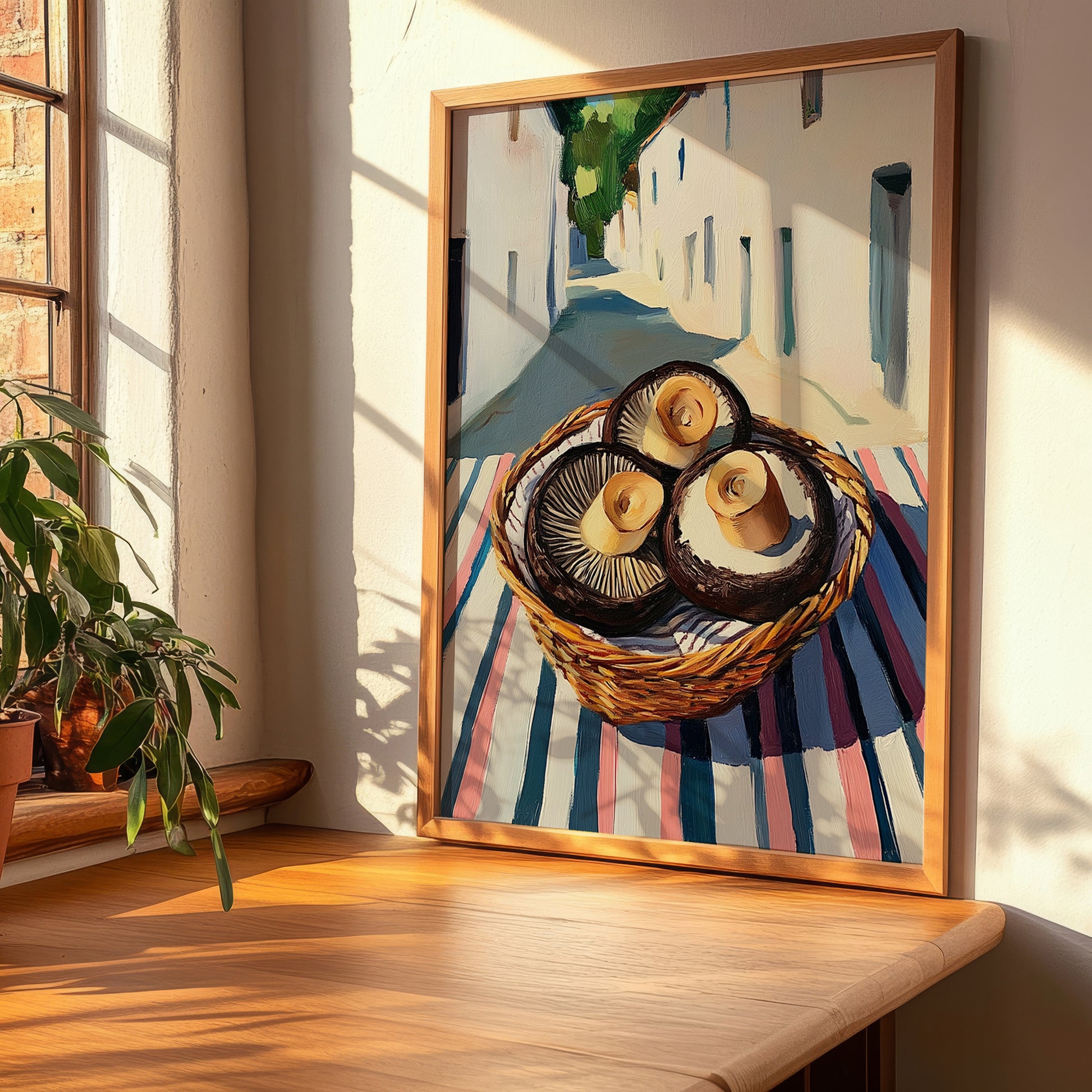 Portobello Mushroom – White village Street Café Scene, Mushrooms Illustration, clean layout with no caption