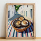 Portobello Mushroom – White village Street Café Scene, Mushrooms Illustration, no-text version framed in wood