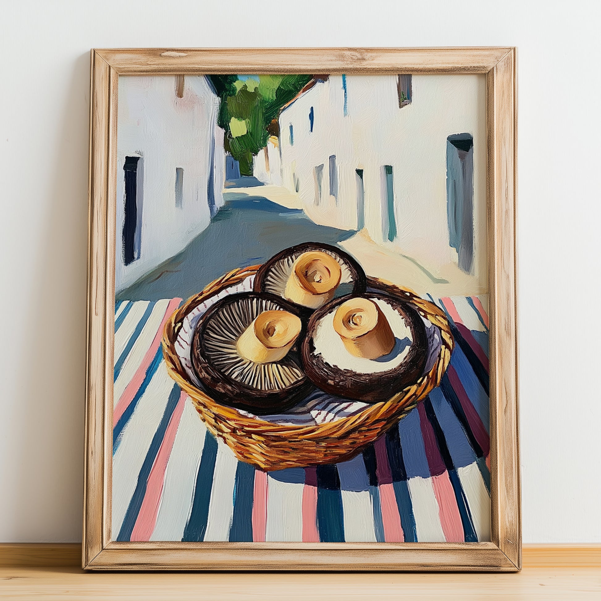 Portobello Mushroom – White village Street Café Scene, Mushrooms Illustration, no-text version framed in wood