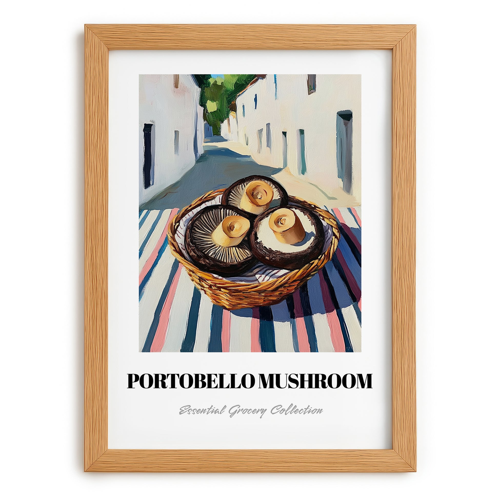Portobello Mushroom – White village Street Café Scene, Mushrooms Illustration, set in oak frame