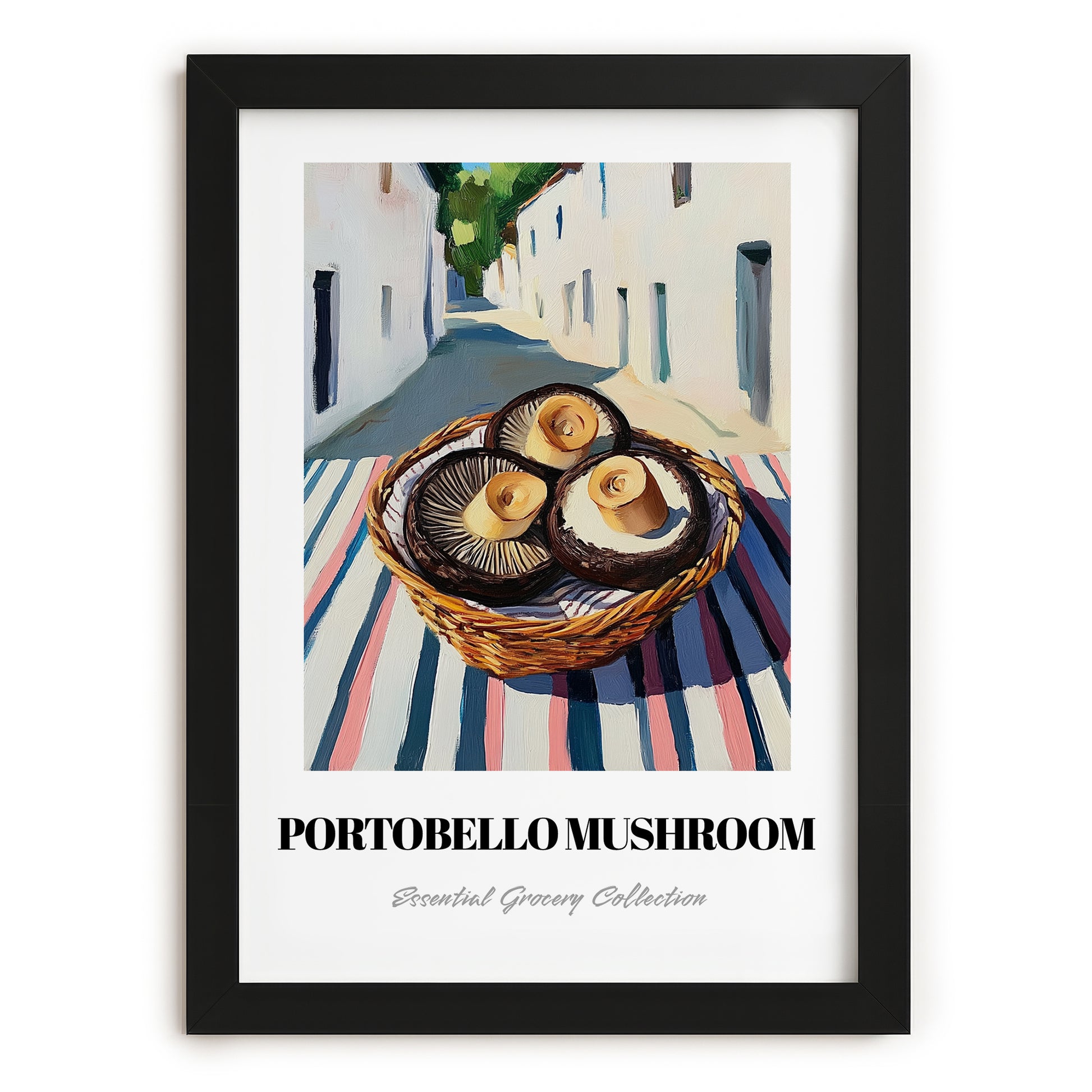 Portobello Mushroom – White village Street Café Scene, Mushrooms Illustration, in sleek black frame