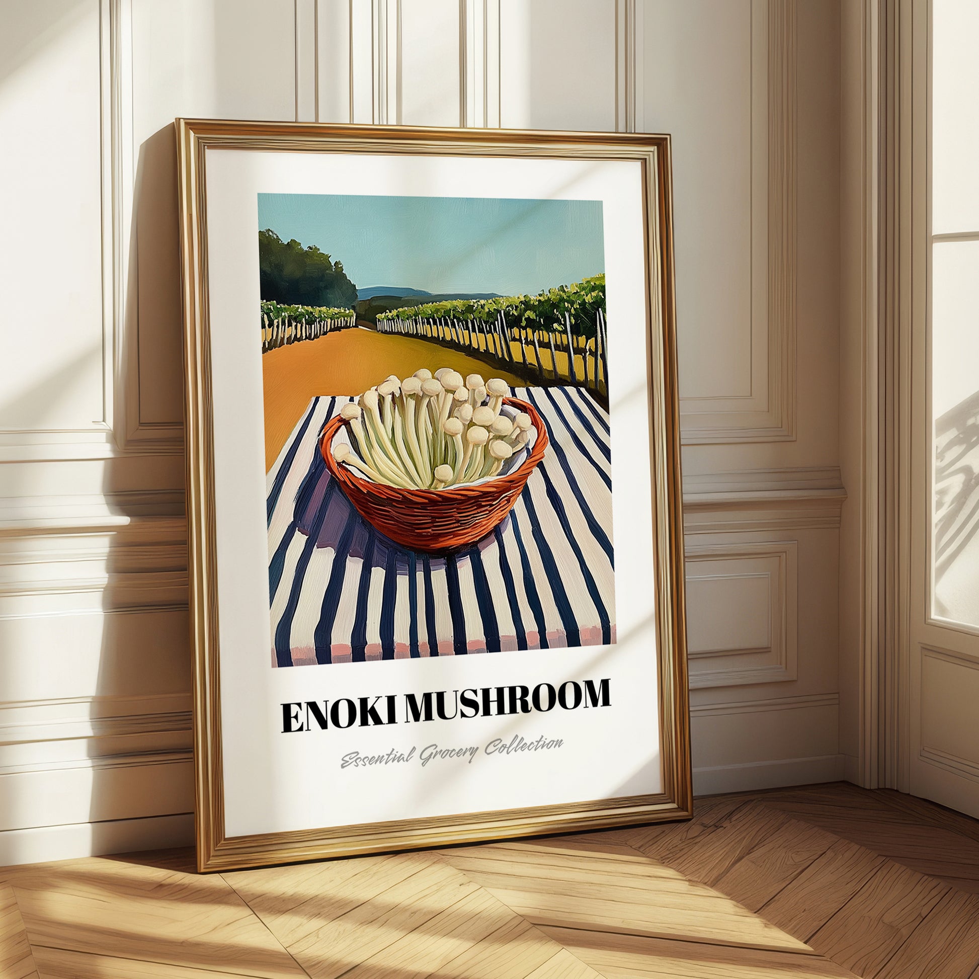 Enoki Mushroom – Green Valley Landscape, Mushrooms Painting